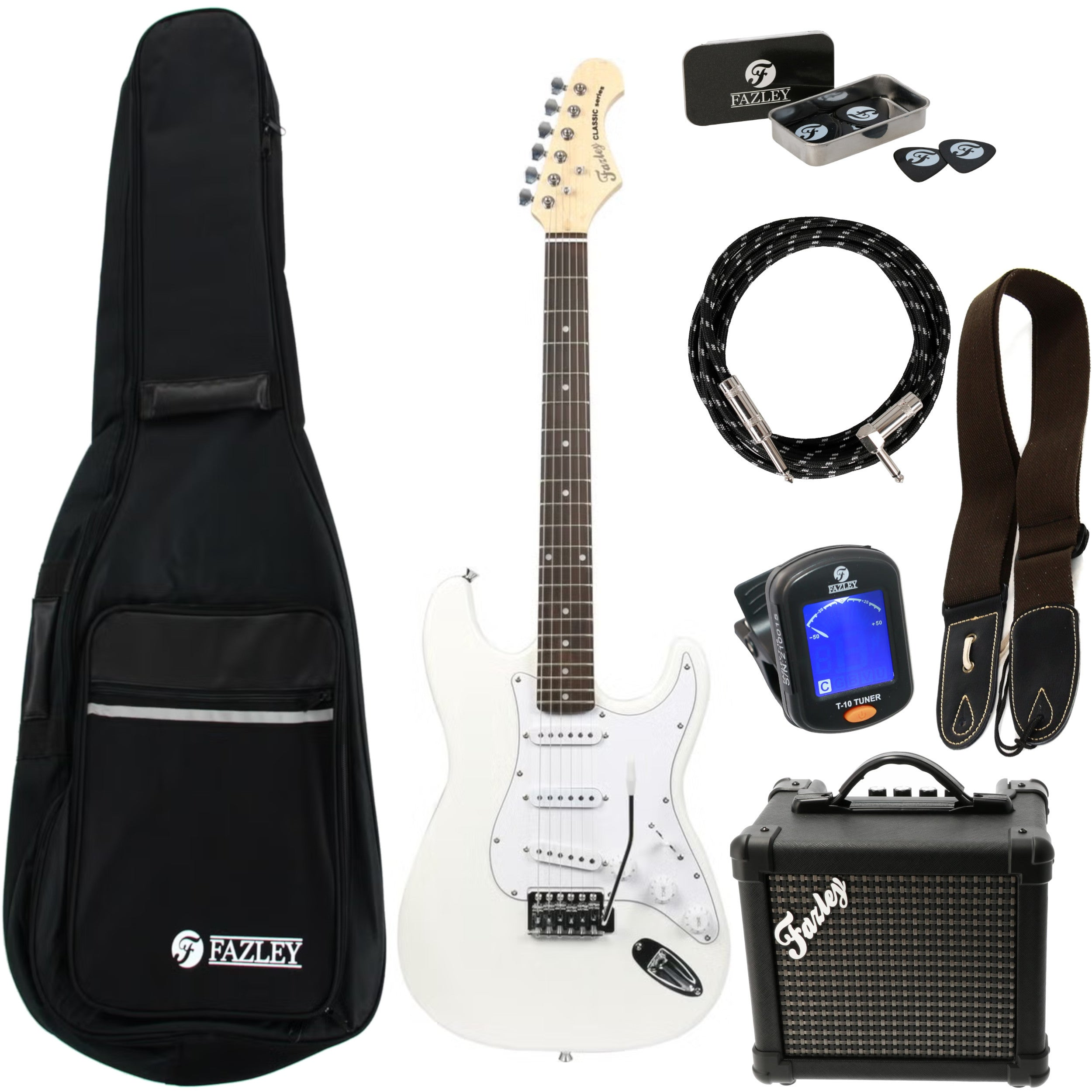 Een witte elektrische gitaar set met tas, versterker, kabel, riem en tuner.