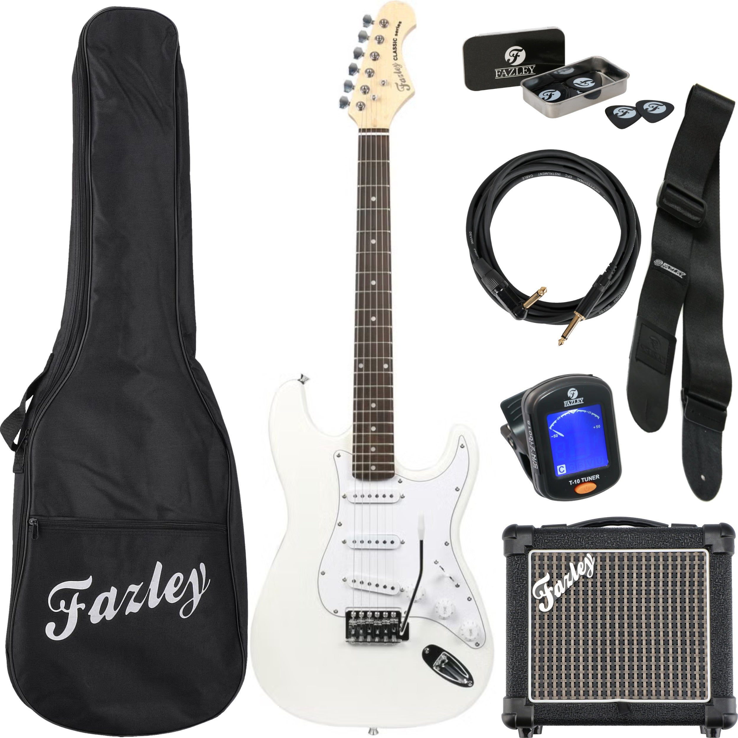 Een witte elektrische gitaarset met tas, versterker, kabel, plectrums en tuner.