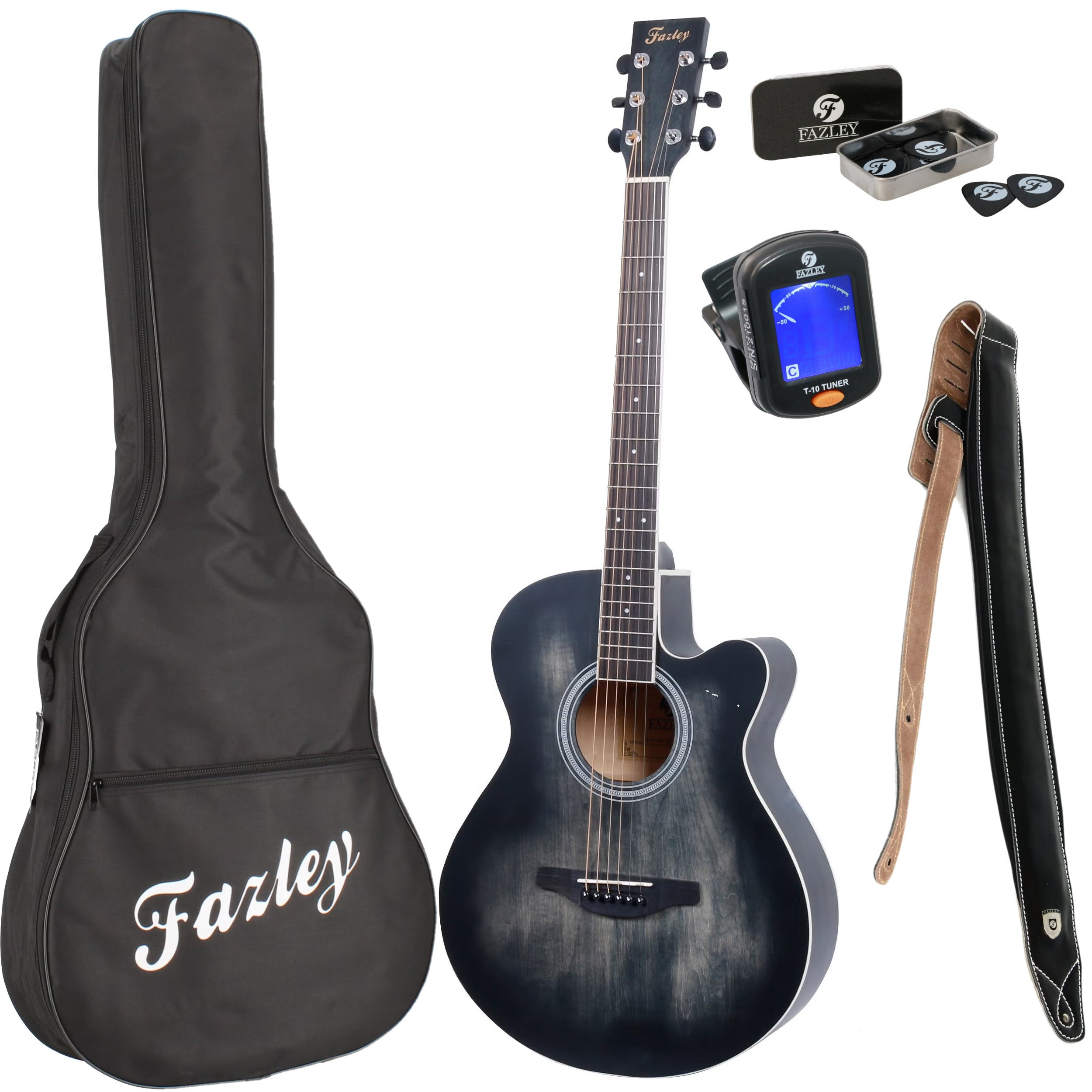 A black Fazley guitar package including a bag, guitar, picks, strap, and tuner.