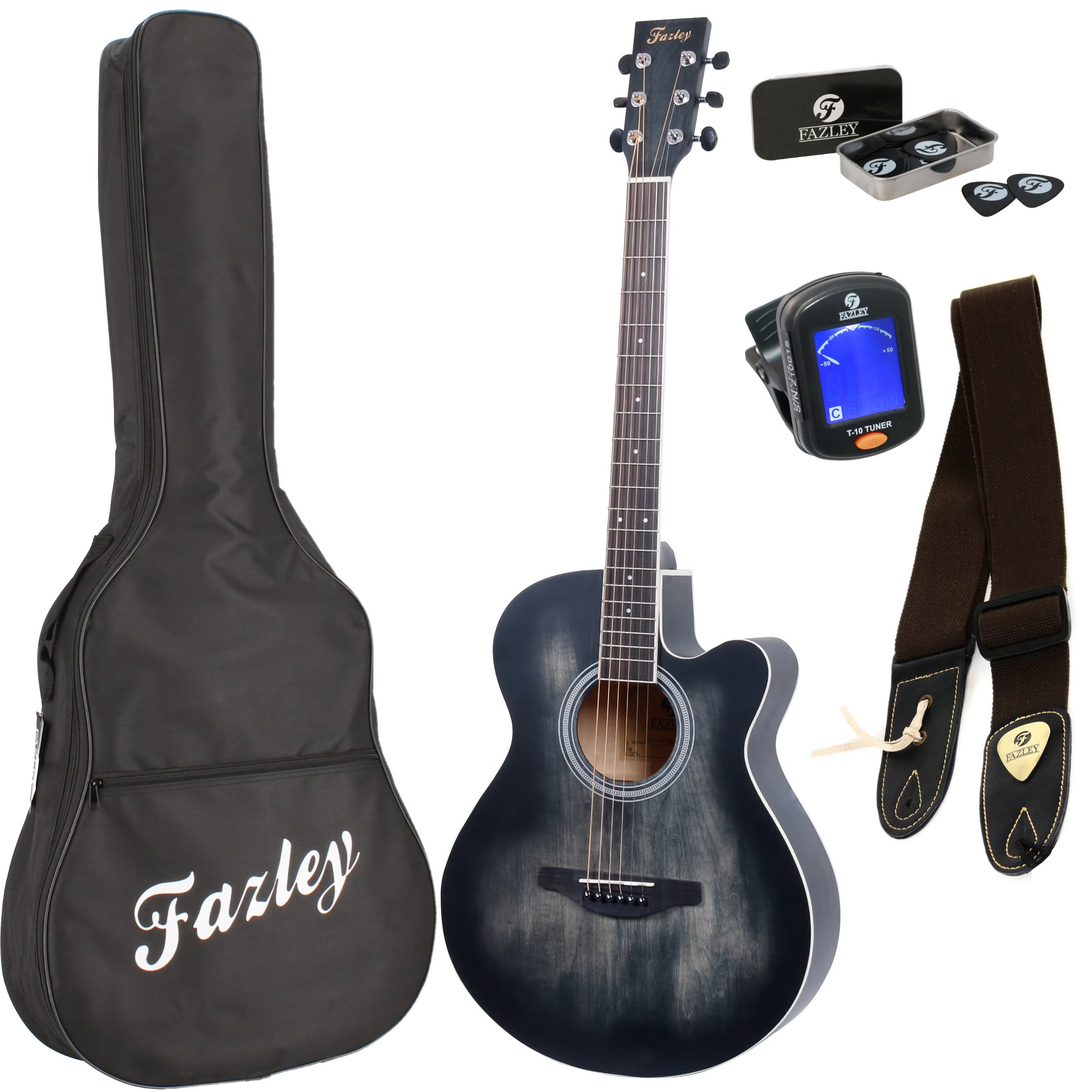 A black guitar case, guitar, tuner, and accessories on a white background.