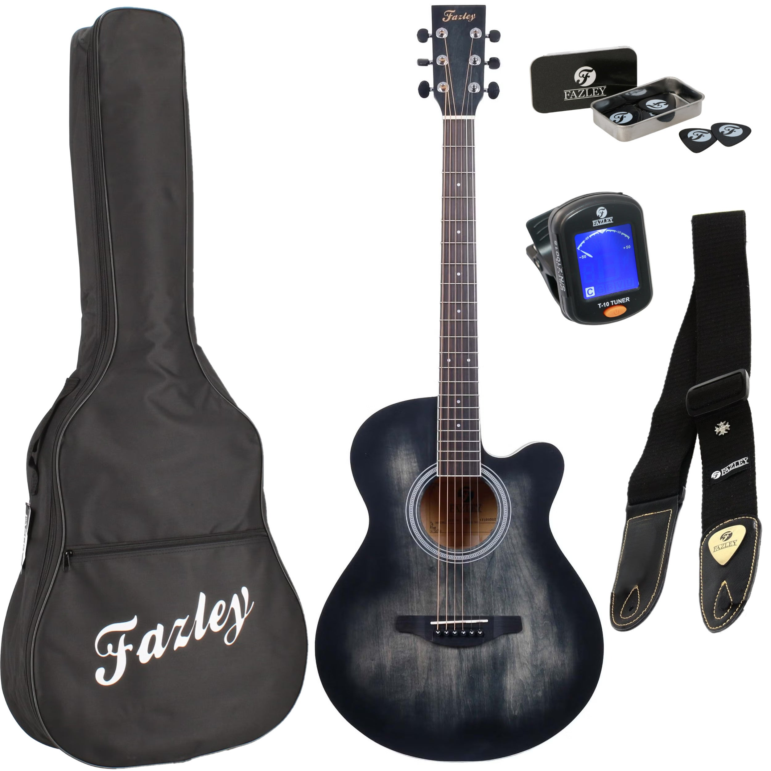 Black acoustic guitar with accessories: case, strap, picks, tuner.