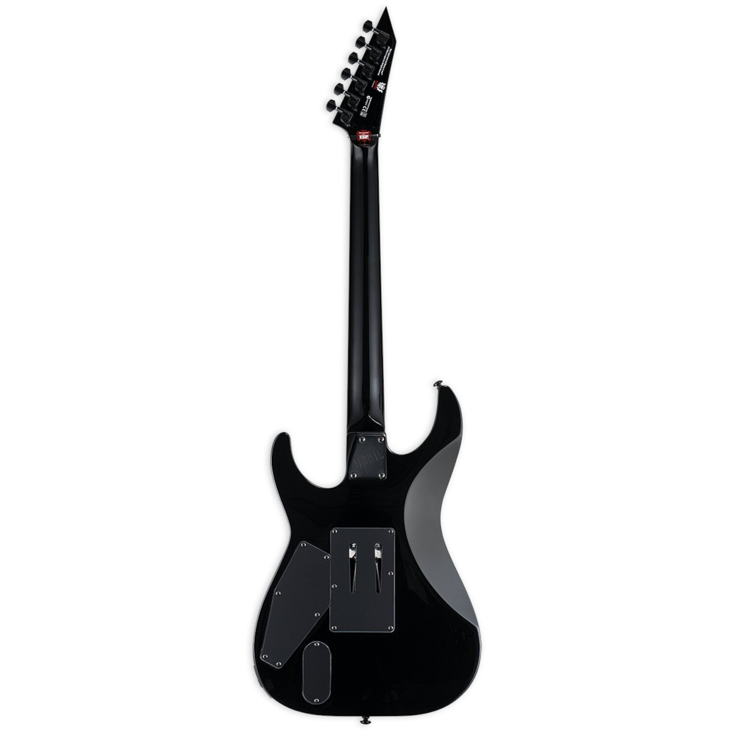 Achterkant van een zwarte elektrische gitaar met zilveren hardware en zwarte pickups.
