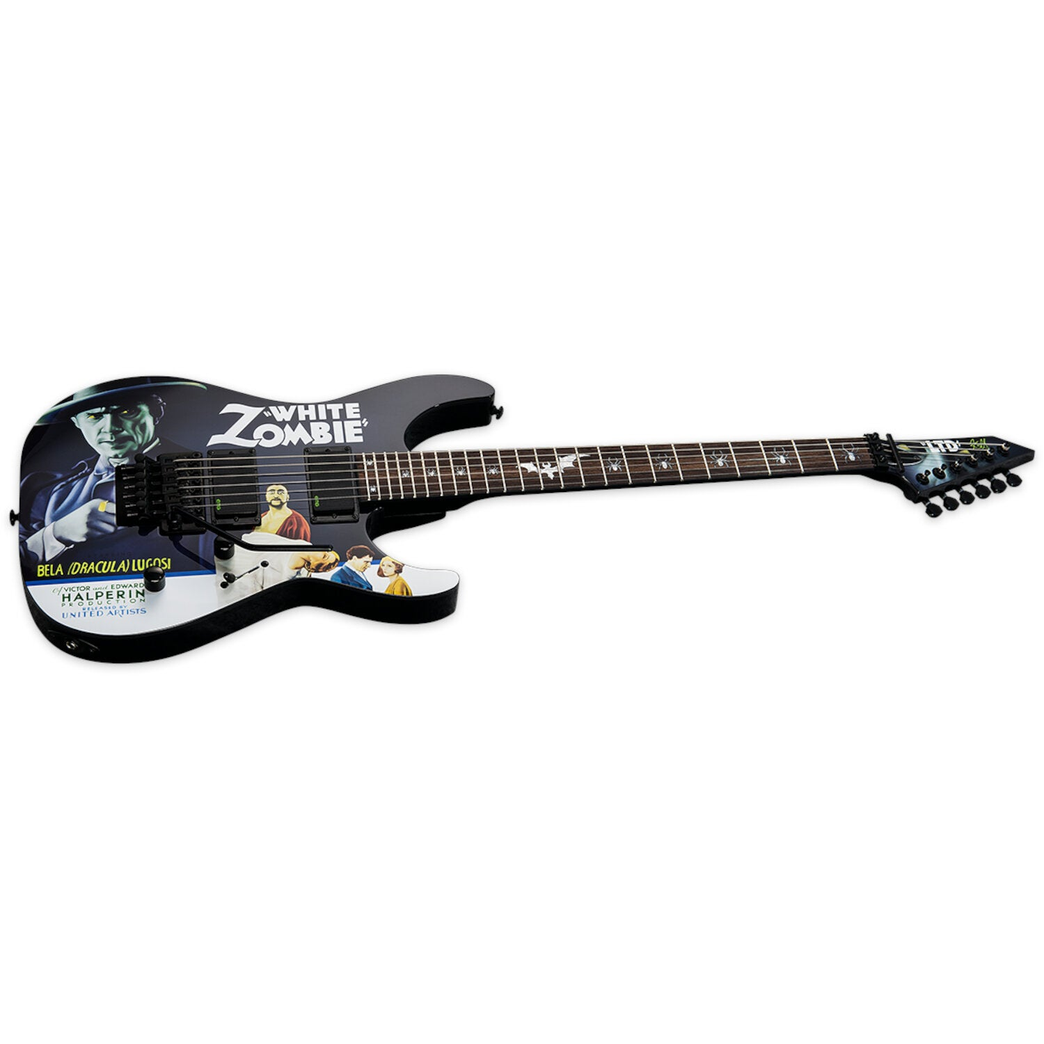 Zwarte elektrische gitaar met "White Zombie" filmposter-ontwerp en spinnen-inlays.