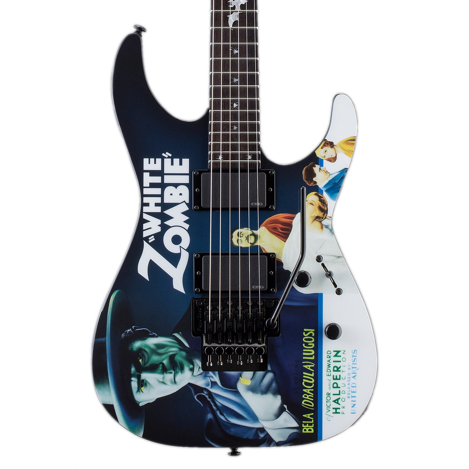 Elektrische gitaar met "White Zombie"-motief en Bela Lugosi als Dracula.