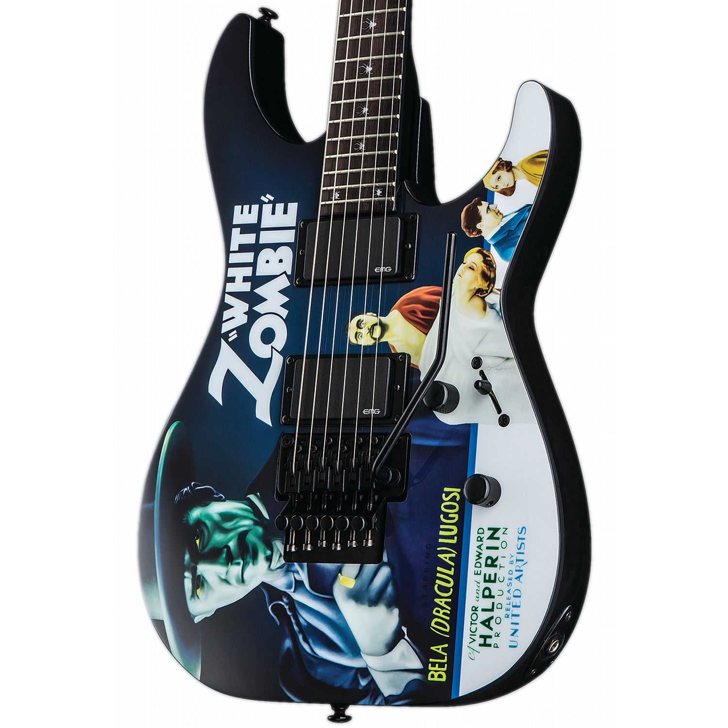 Zwarte gitaar met "White Zombie" design en filmscènes.