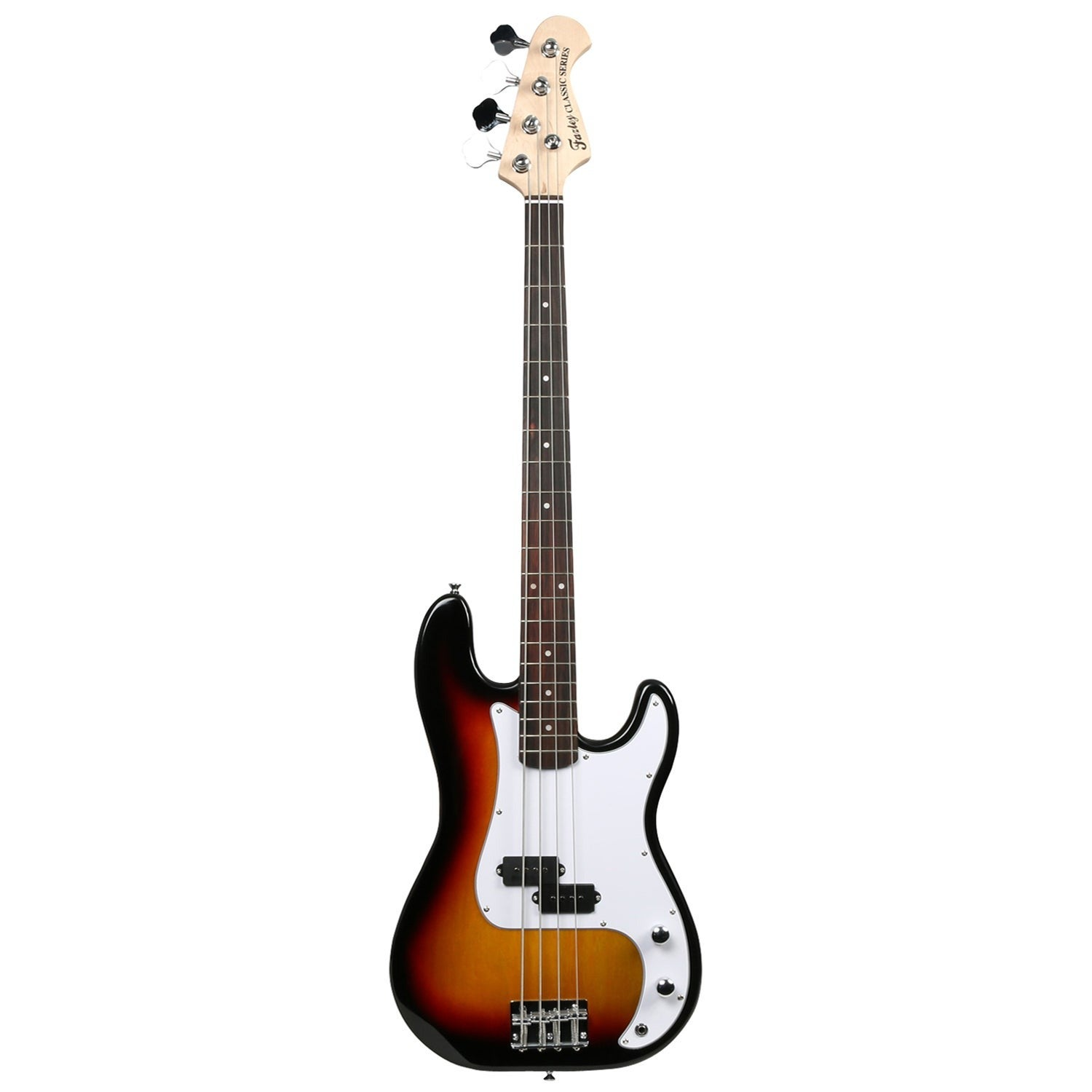 Een sunburst elektrische basgitaar met witte slagplaat en zwarte elementen.