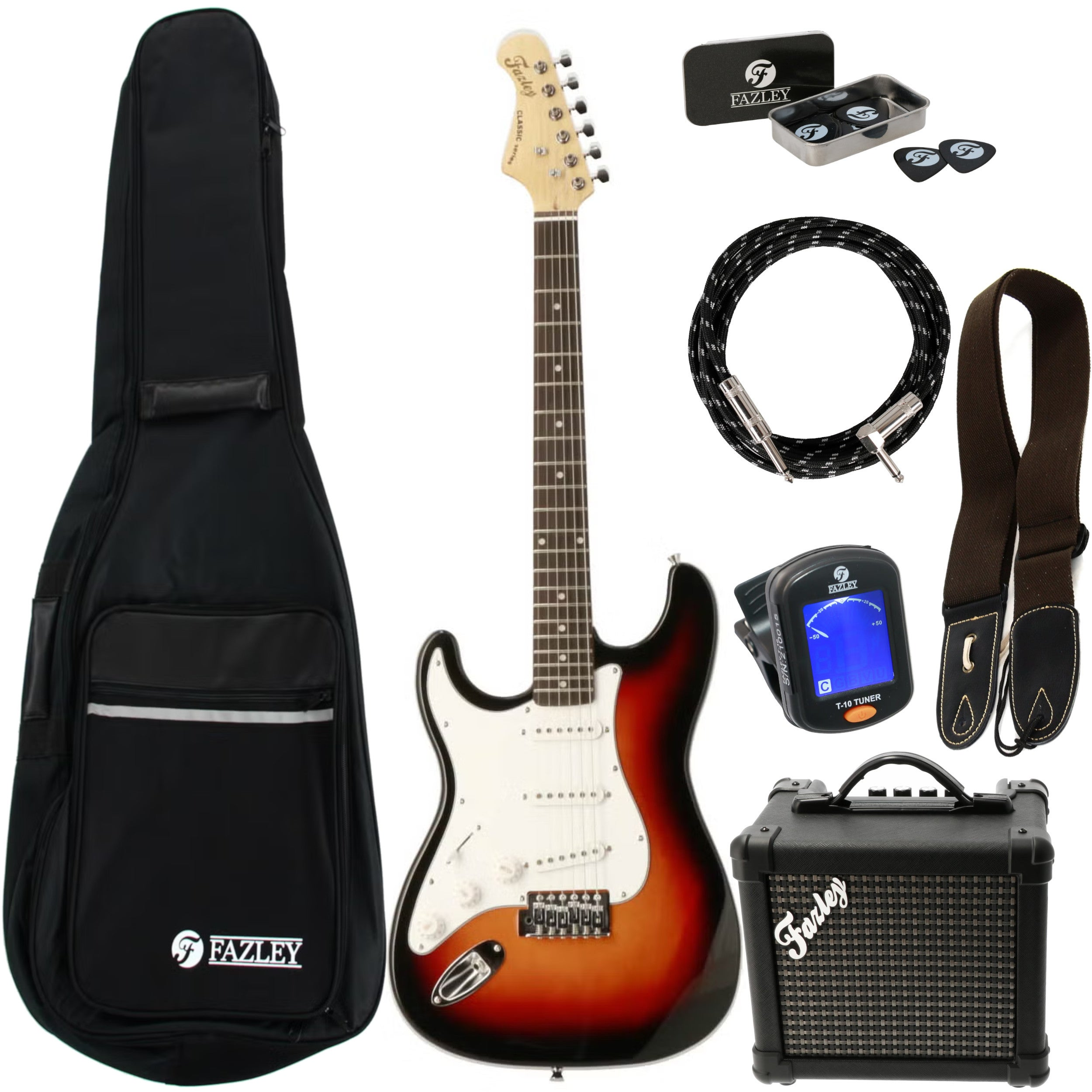 Een elektrische gitaar set met gitaar, tas, versterker, tuner, kabel en riem.