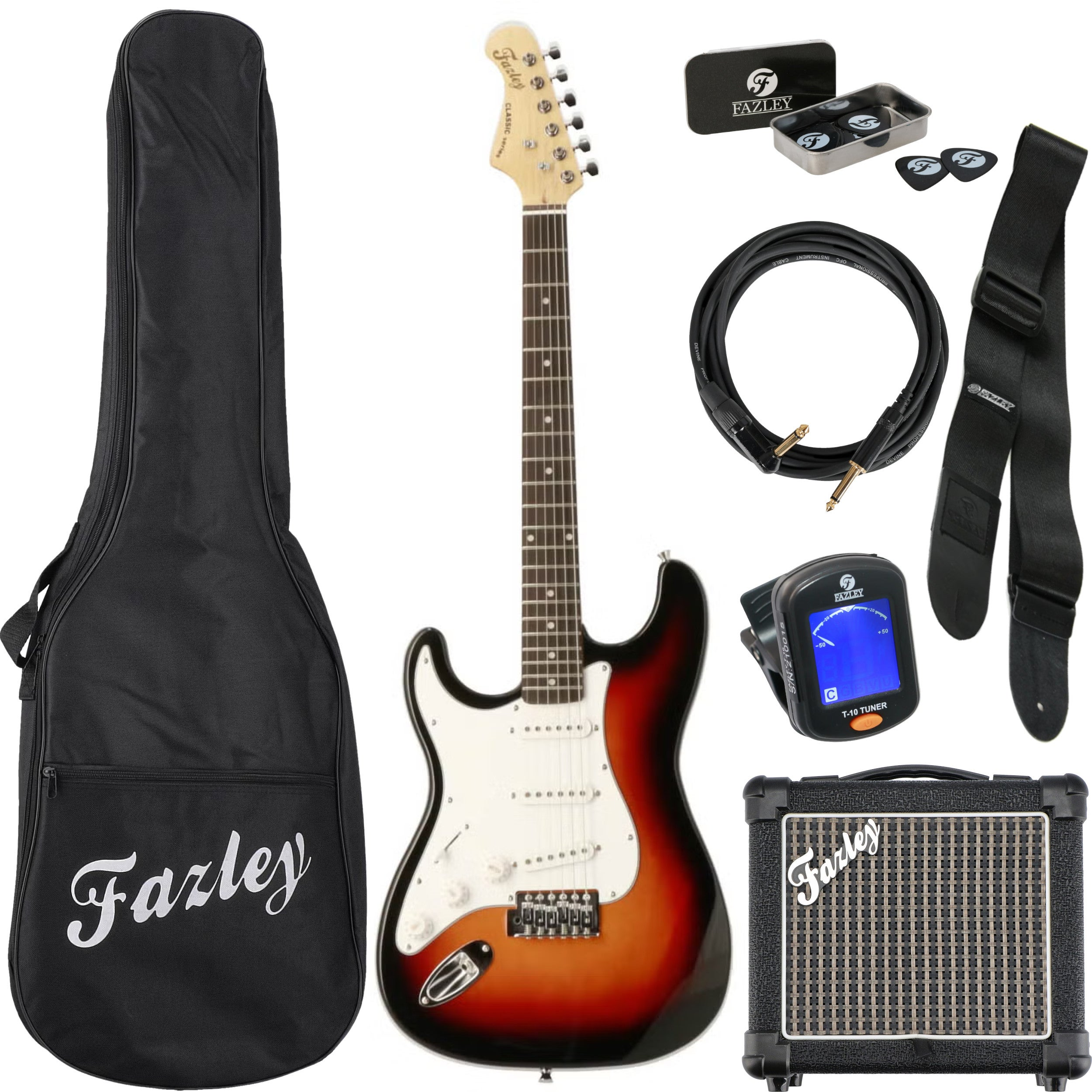 Elektrische gitaar met accessoires: gitaartas, versterker, kabel, tuner en plectrums.