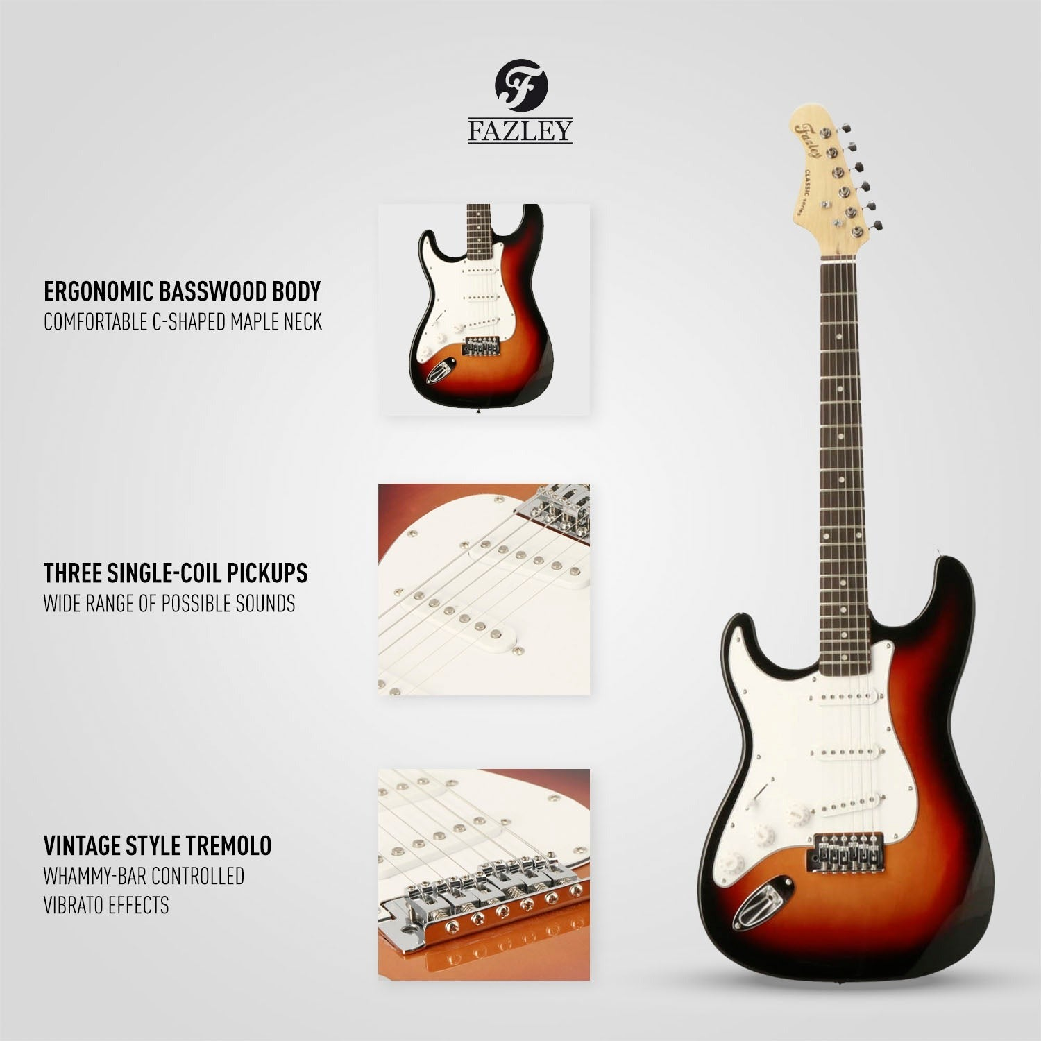 Een elektrische gitaar met sunburst afwerking, drie single-coil pickups en vintage tremolo.