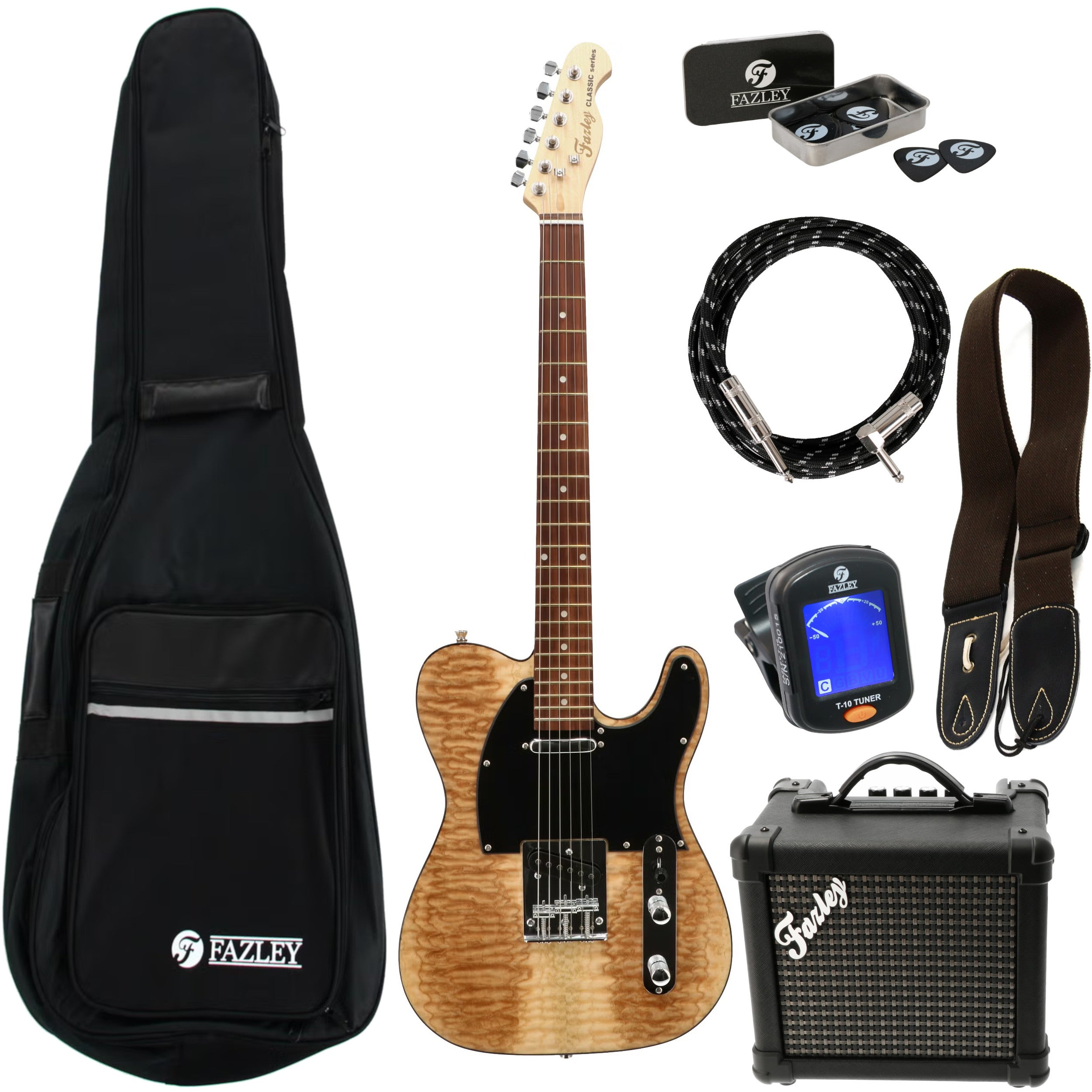 Een elektrische gitaar set met gitaar, tas, versterker, kabel, riem en tuner.