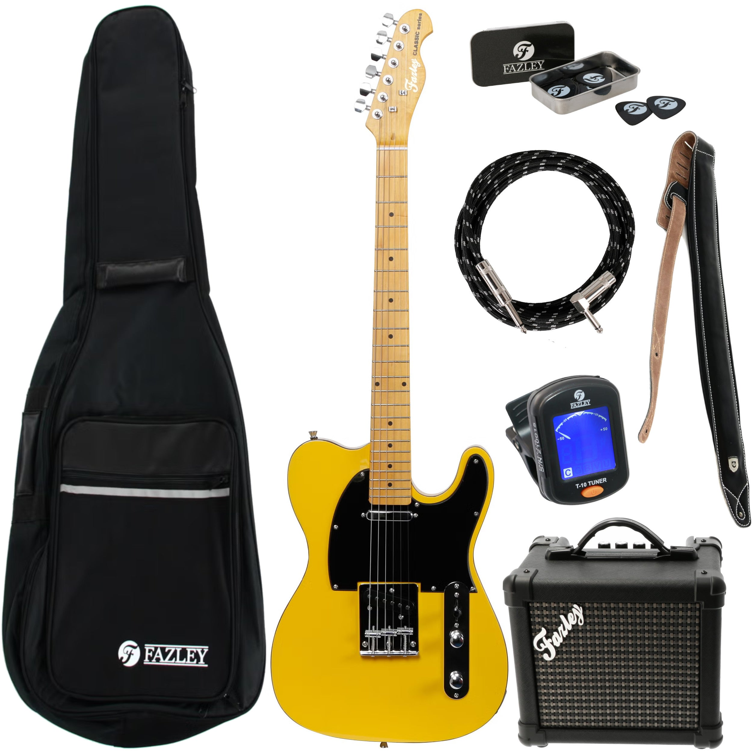Gele elektrische gitaar met accessoires: tas, versterker, kabel, riem, stemapparaat.