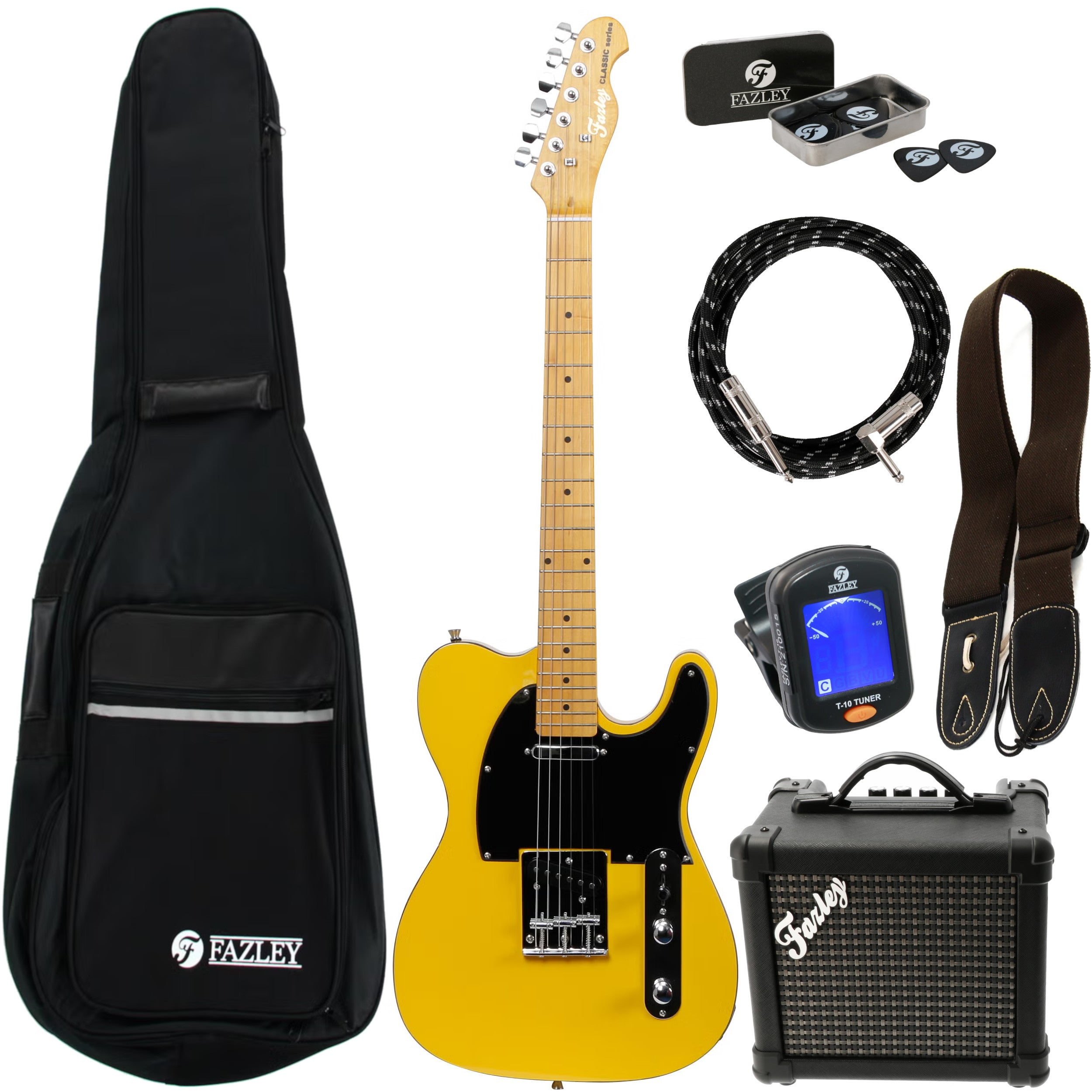 Een gele elektrische gitaar met accessoires: tas, versterker, kabel, riem, plectrums, tuner.