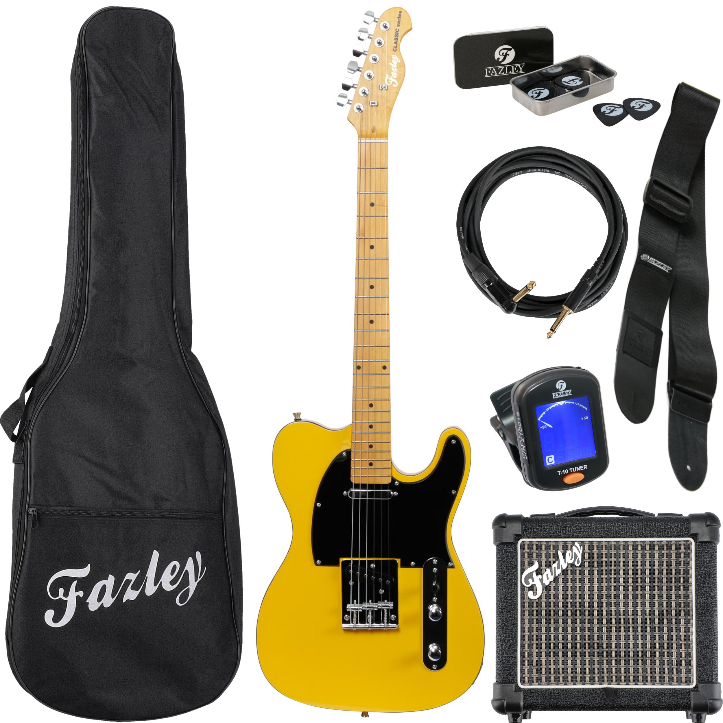 Een gele Fazley elektrische gitaar set bevat een gitaartas, versterker, kabel, riem en tuner.