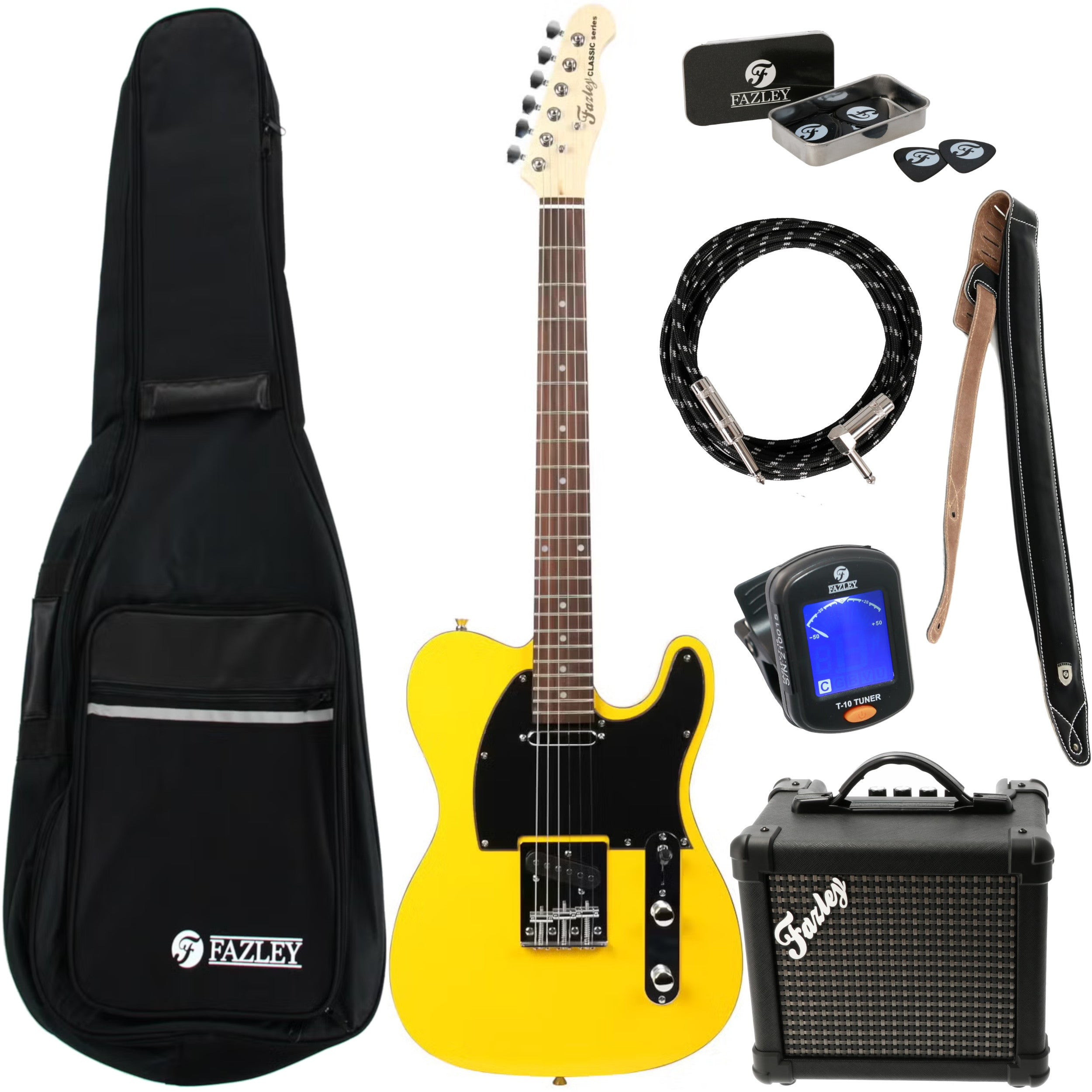 Een gele elektrische gitaar set met koffer, versterker, kabel, riem en tuner.