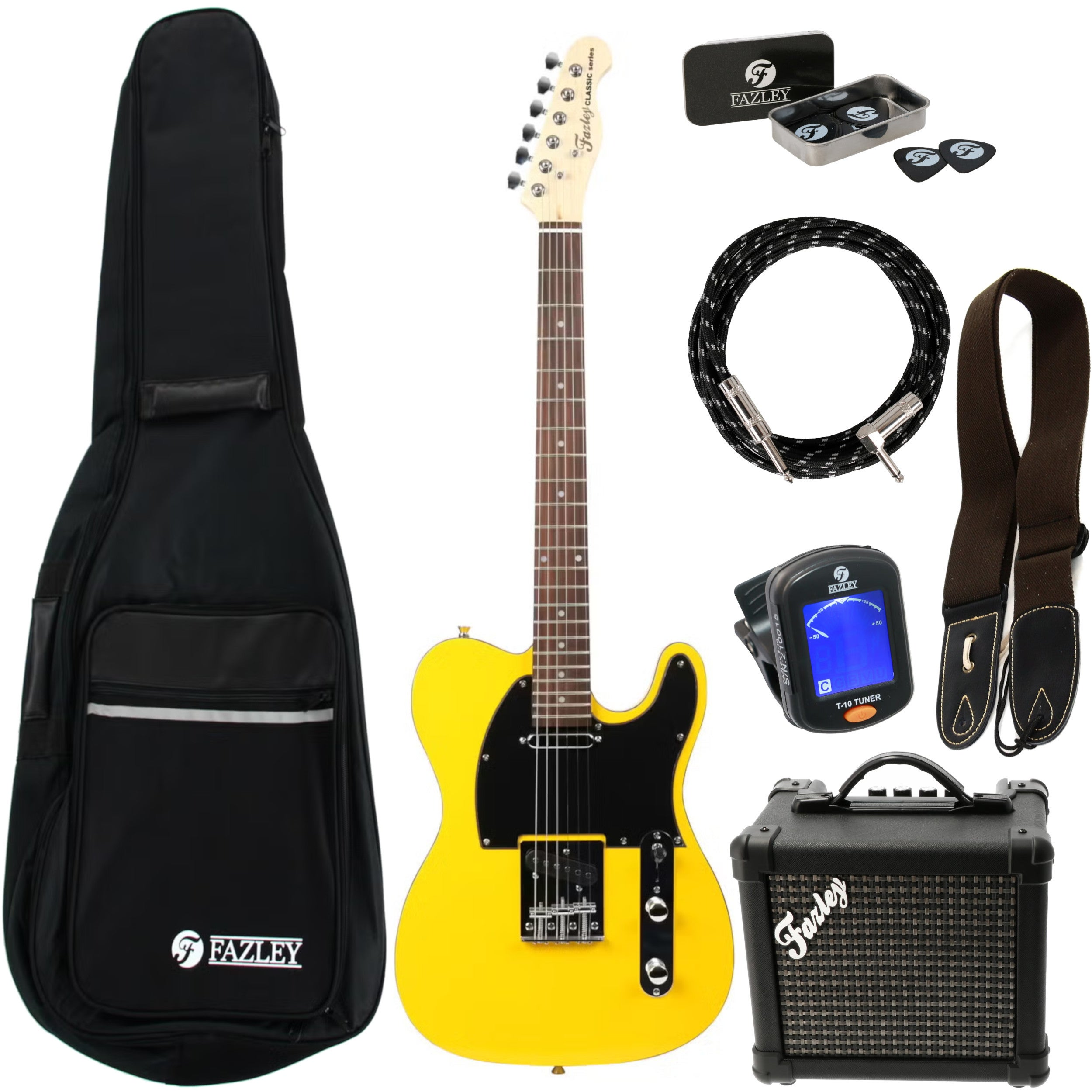 Een gele elektrische gitaar met accessoires: tas, versterker, kabel, riem, plectrums, tuner.