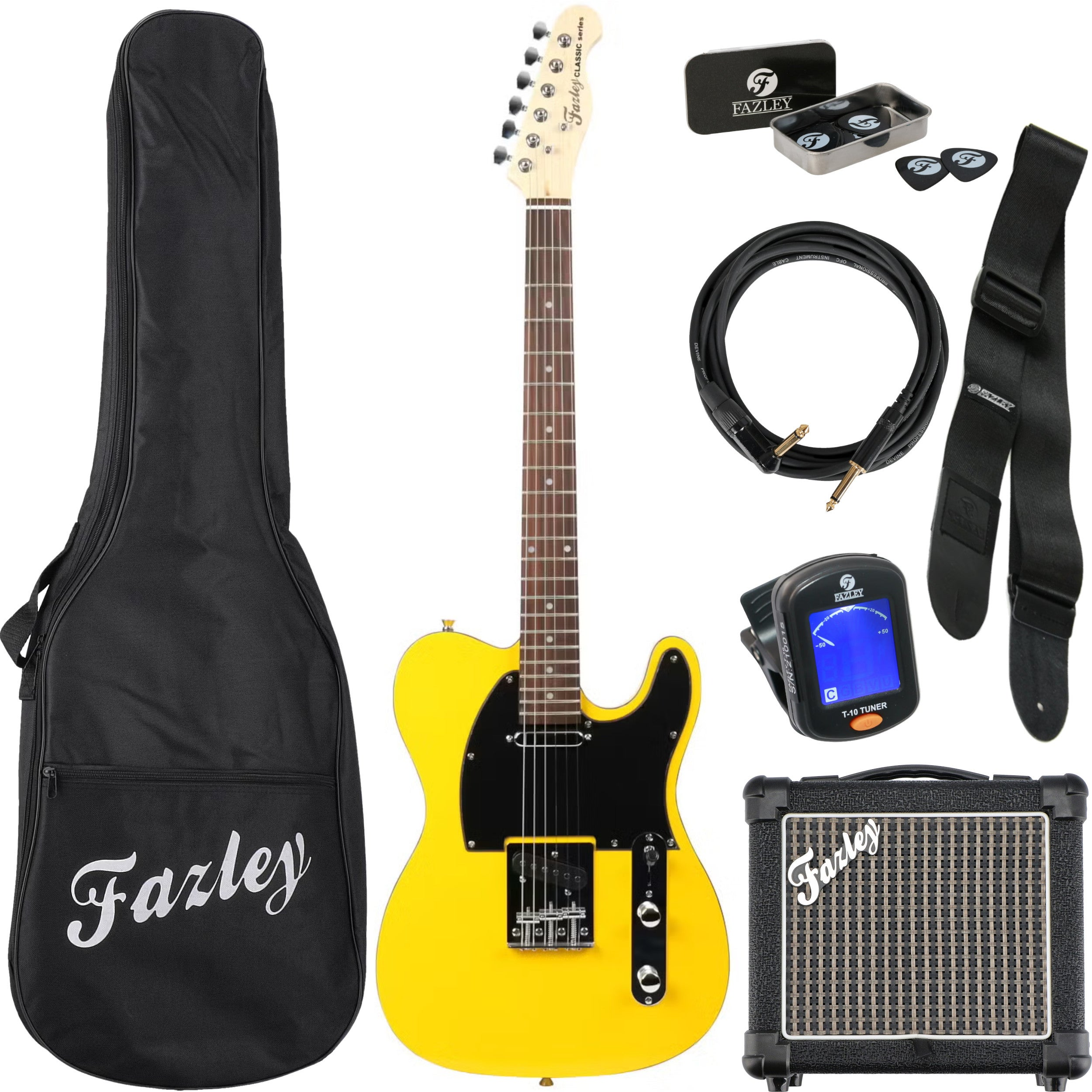 Een gele Fazley elektrische gitaar set met tas, versterker, kabel, tuner en plectrums.