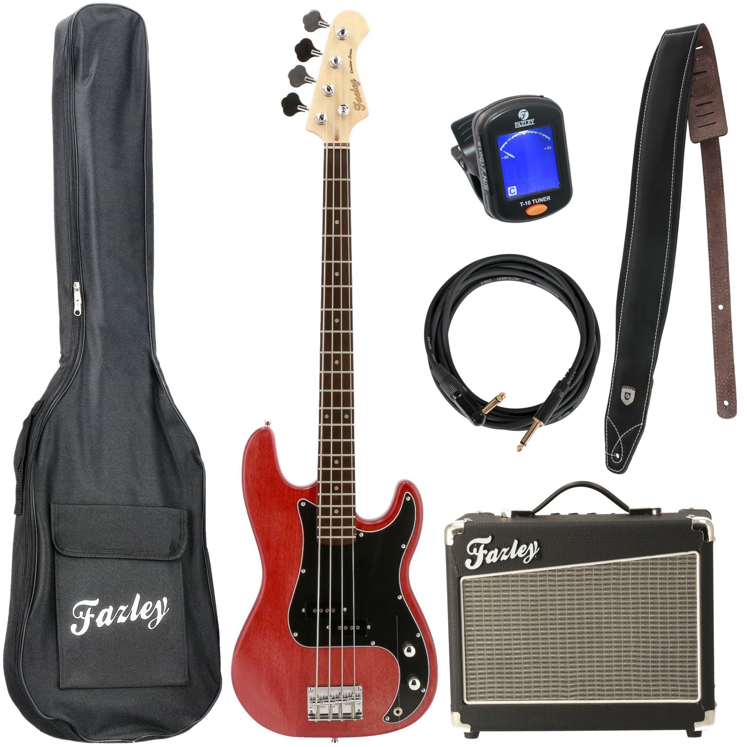 Een rode basgitaar met koffer, versterker, kabel, riem en tuner.