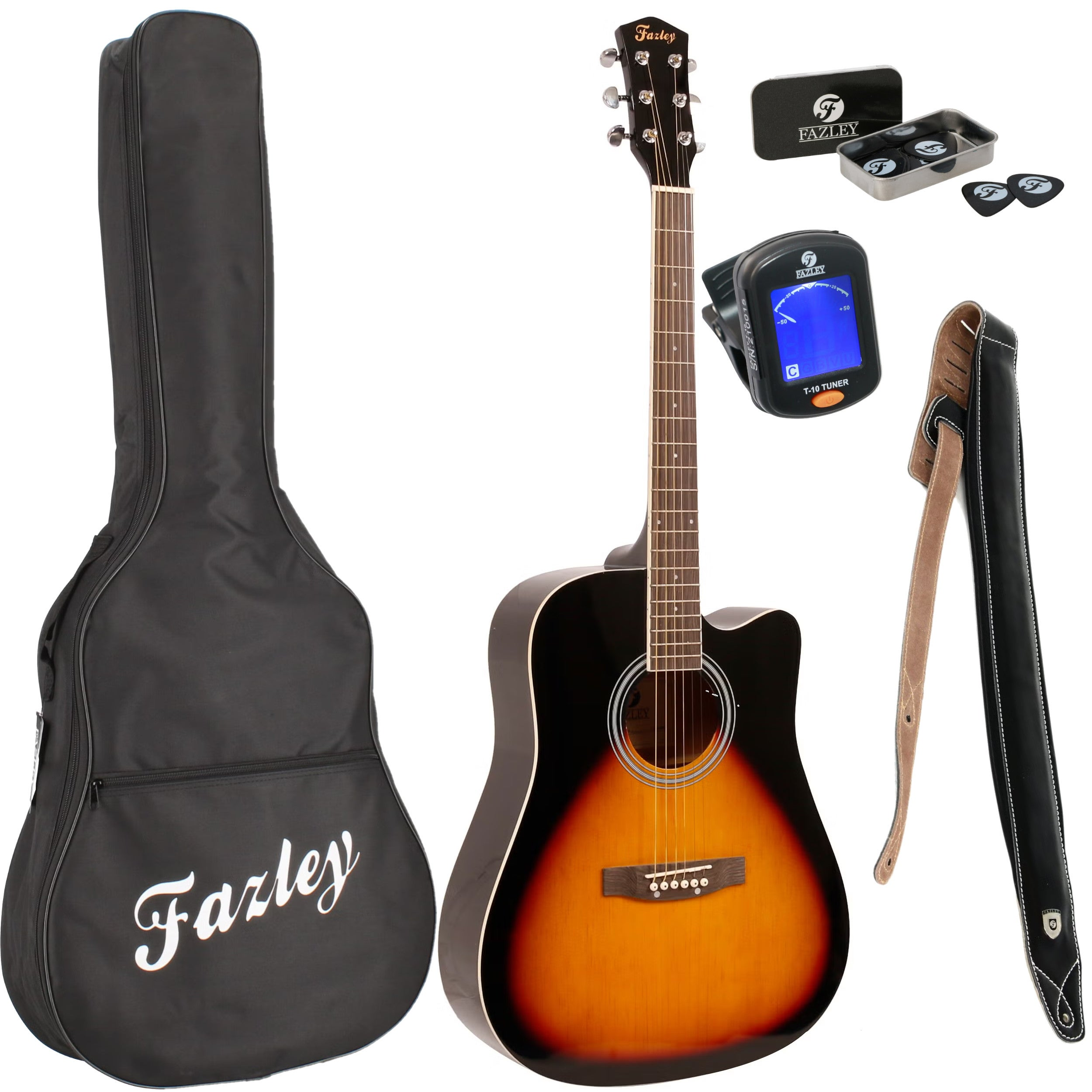 An acoustic guitar set with a bag, strap, picks, and tuner.