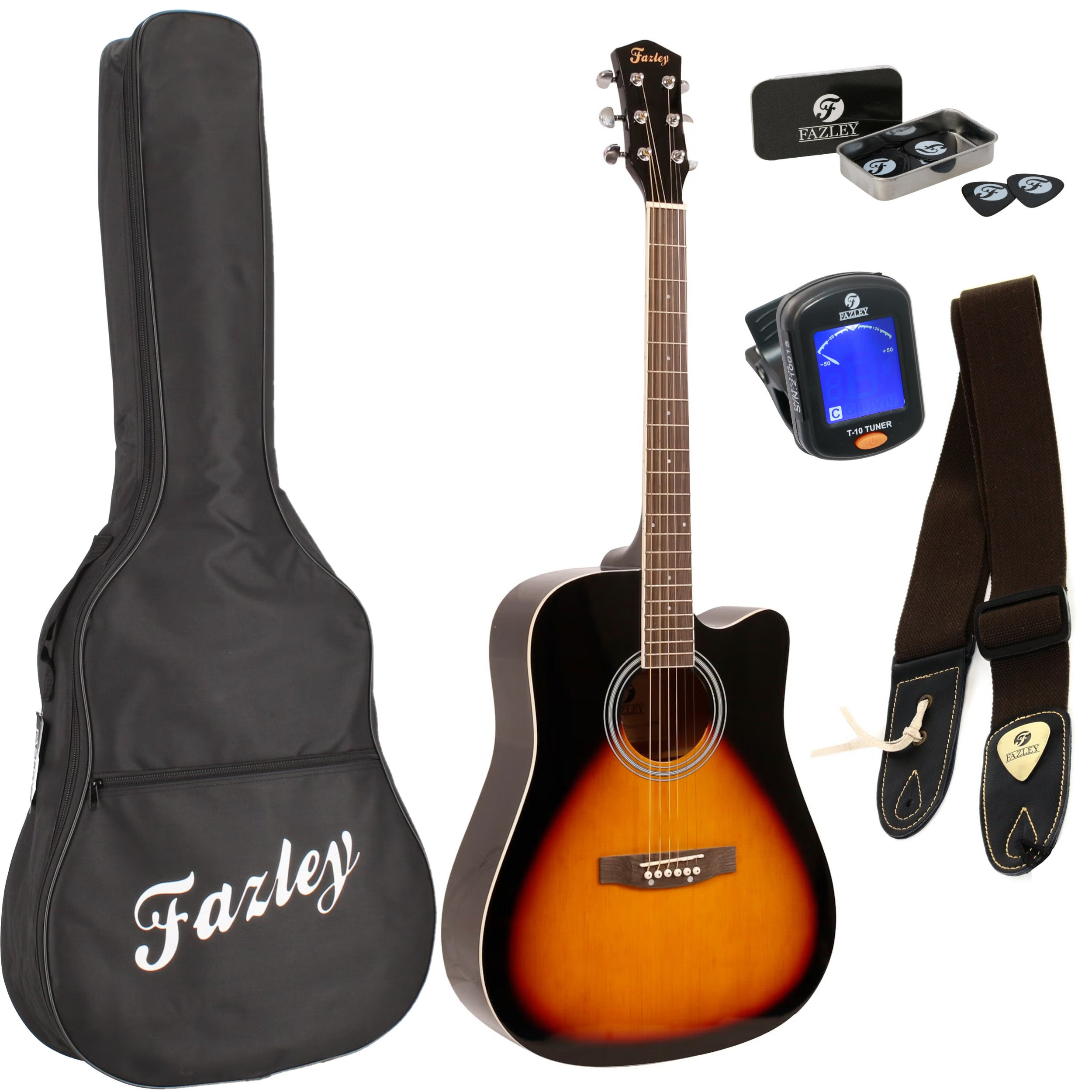 A guitar set featuring a sunburst and black guitar, black gig bag, strap, picks, and tuner.