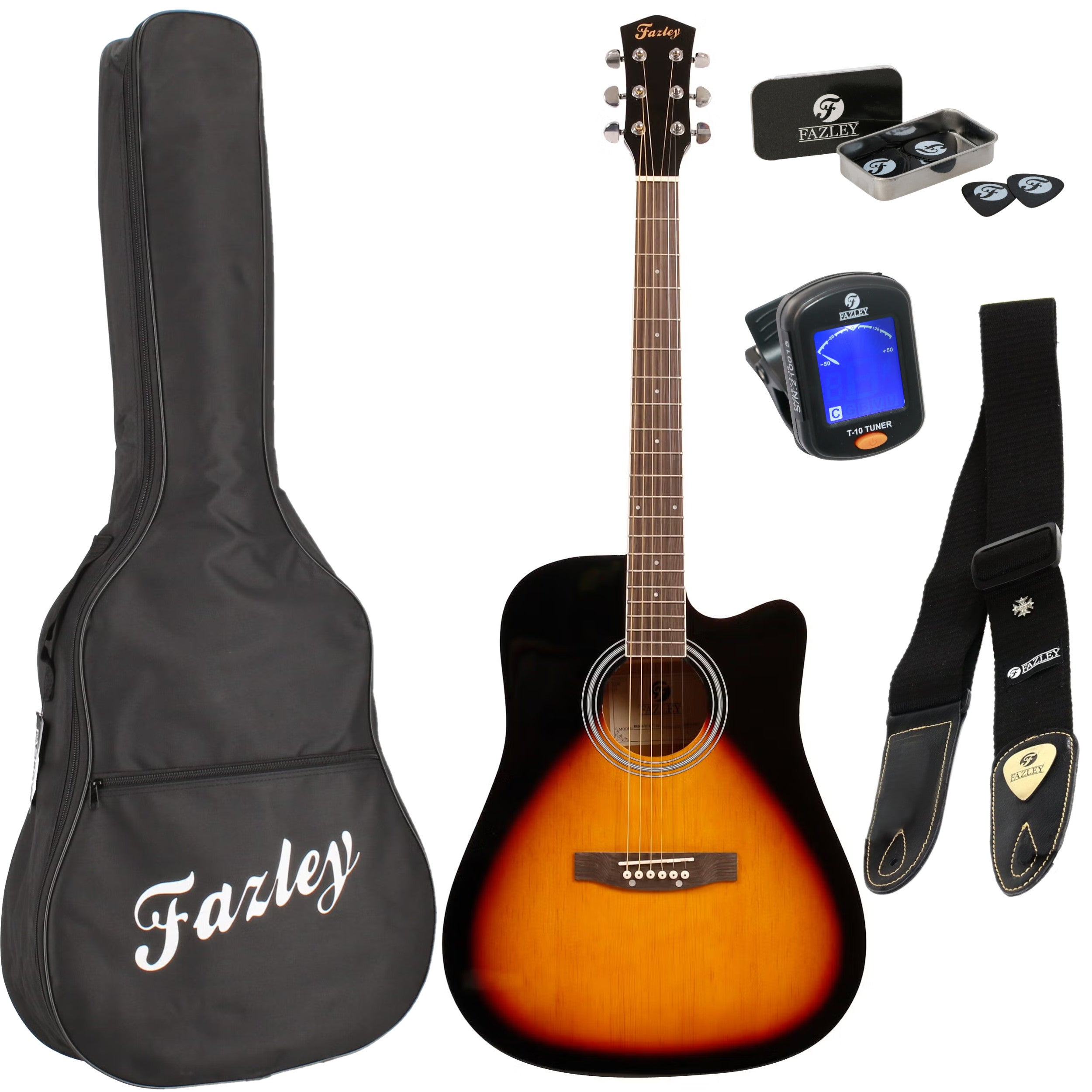 A guitar set with an acoustic guitar, bag, strap, picks, and tuner.