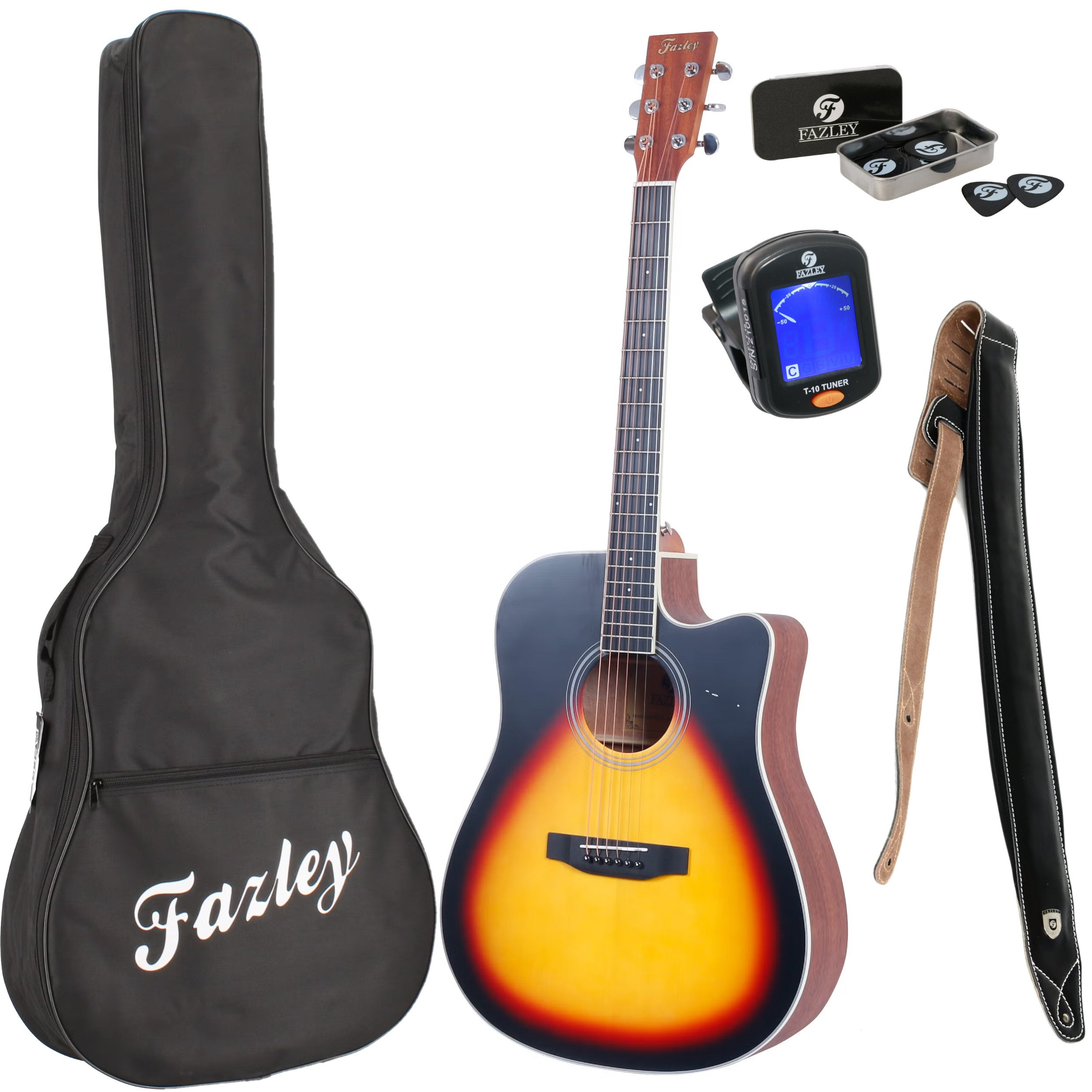 A Fazley acoustic guitar with a sunburst finish, black gig bag, tuner, strap, and picks.