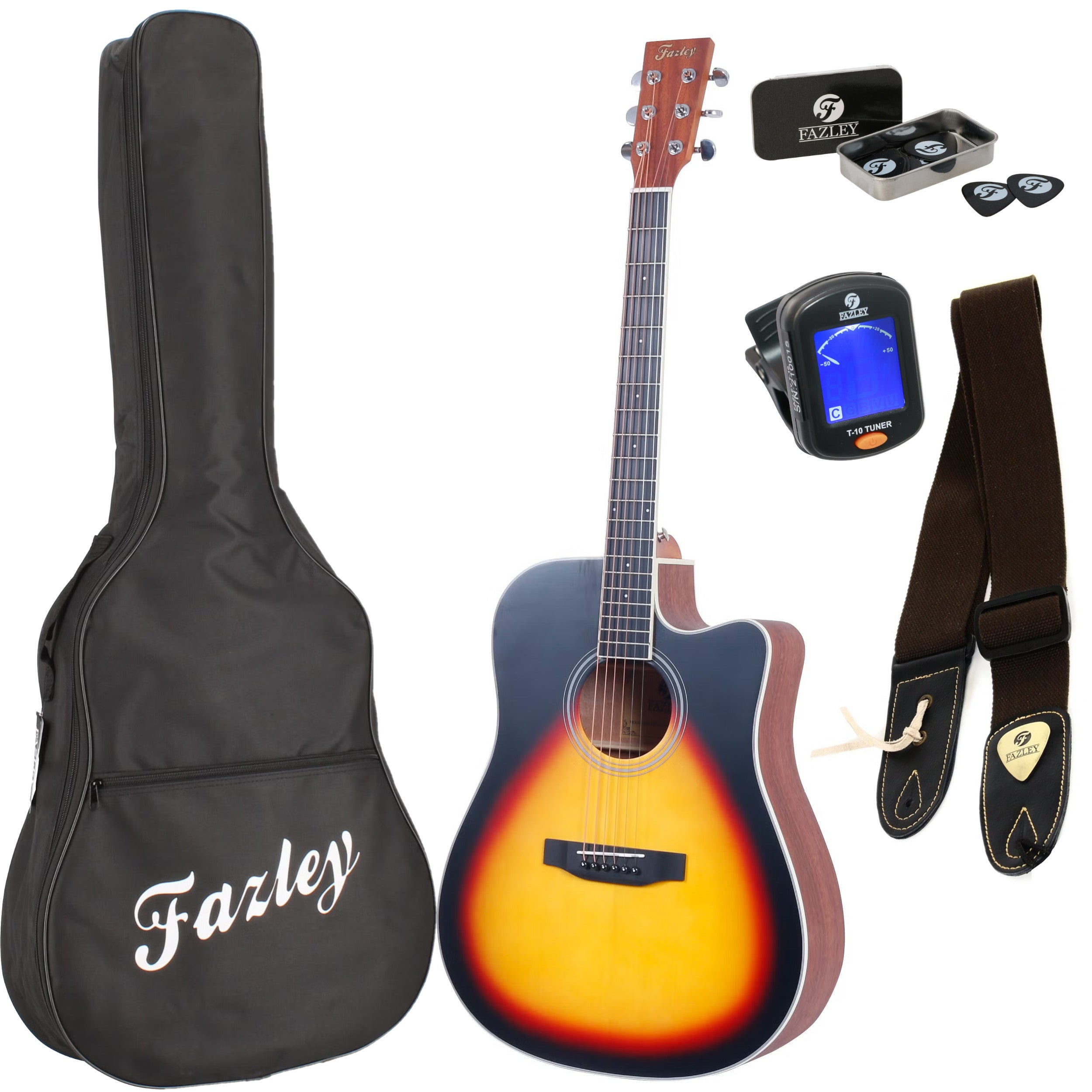 An acoustic guitar with a bag, strap, picks, and tuner.