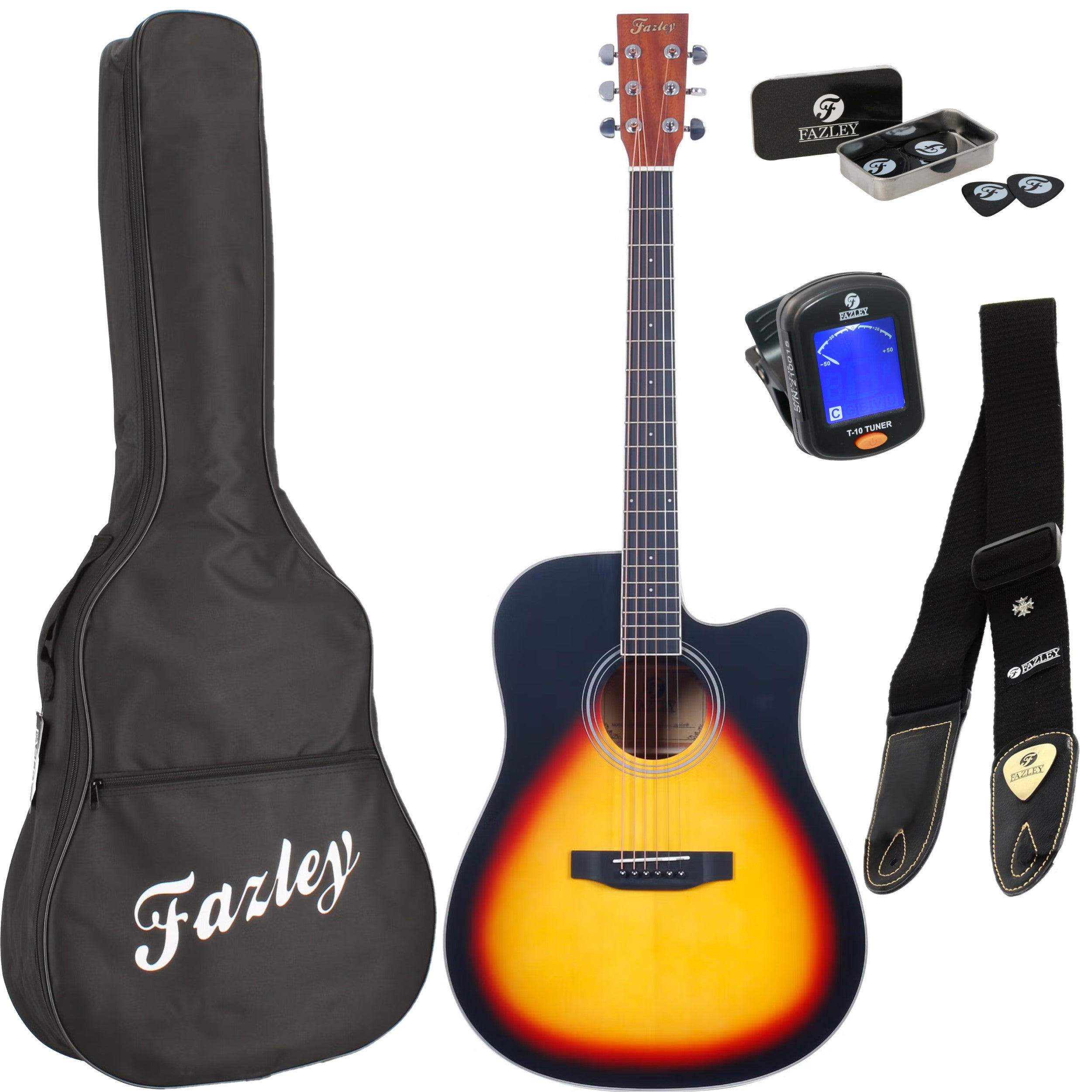 A Fazley guitar set with bag, strap, picks, and tuner.