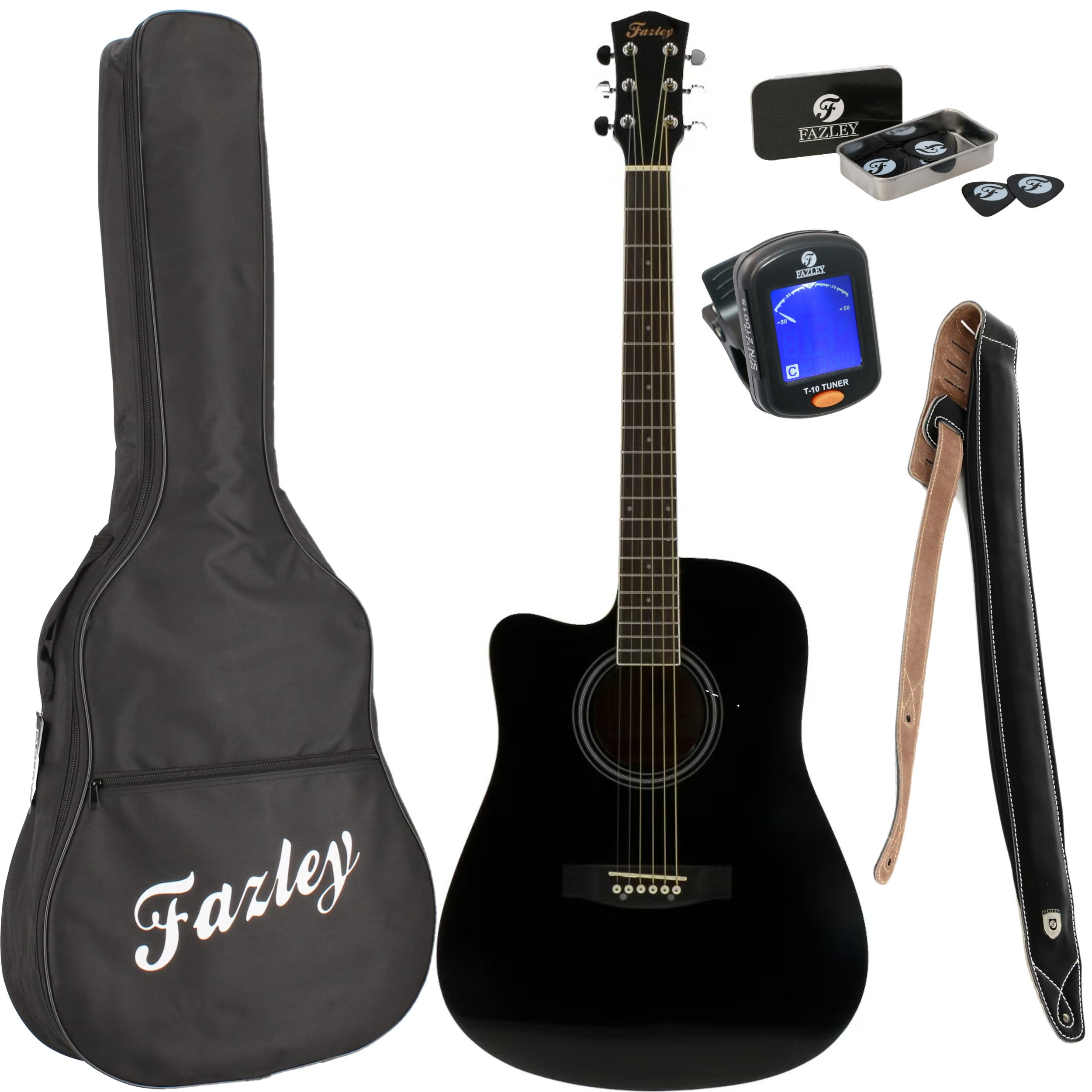 A black Fazley acoustic guitar set with a case, tuner, and picks.
