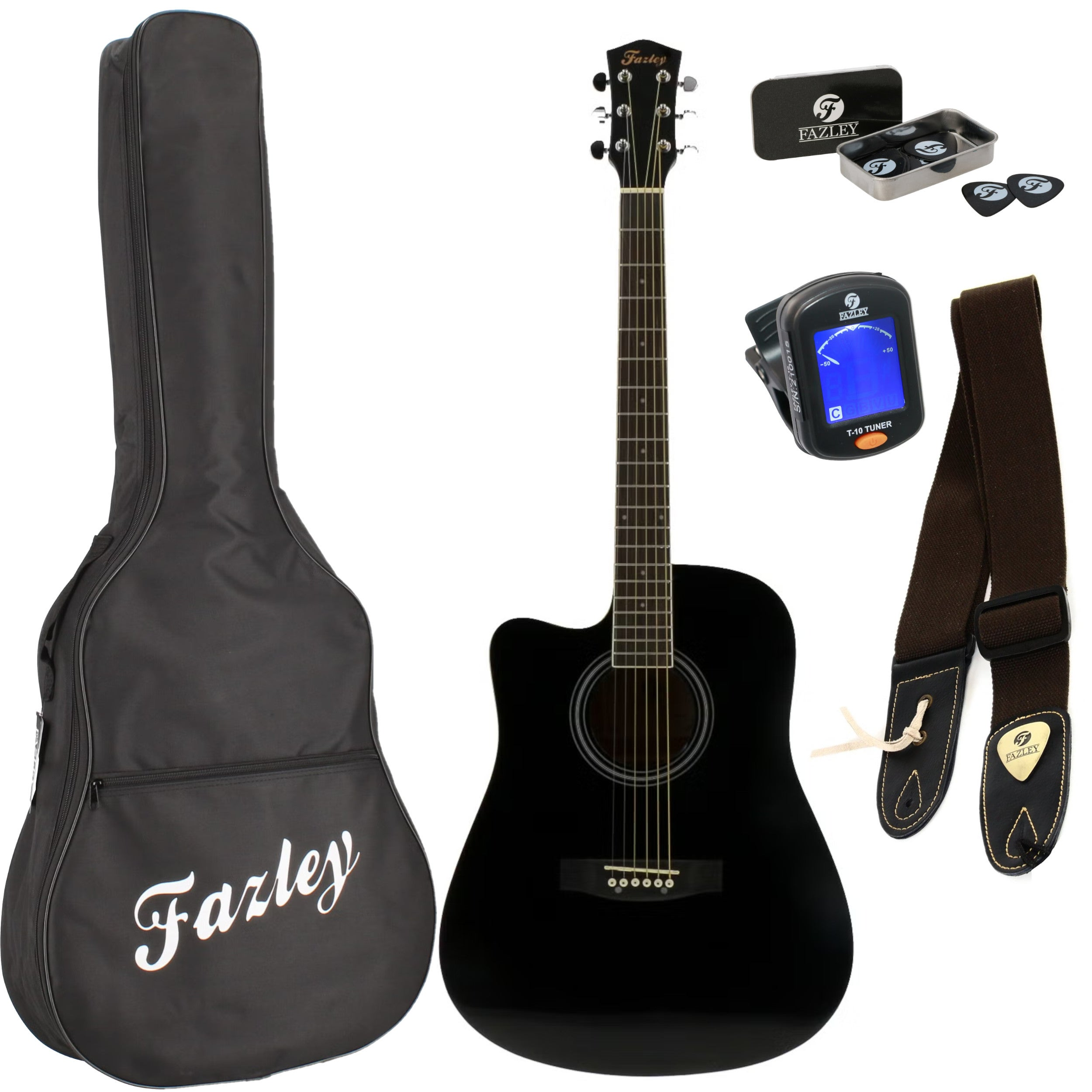 Black acoustic guitar with case, strap, picks, and tuner.