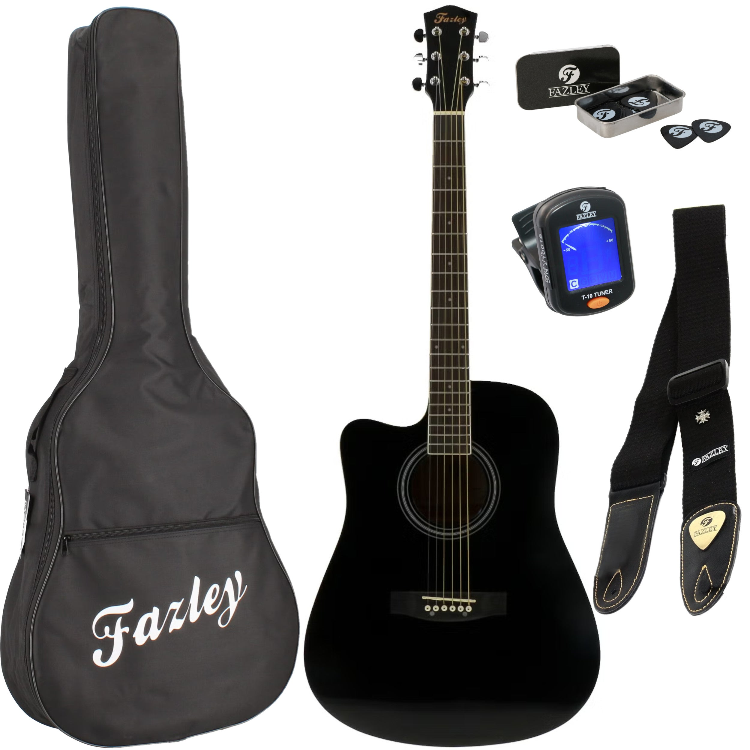 Black acoustic guitar with case, strap, picks, and tuner.