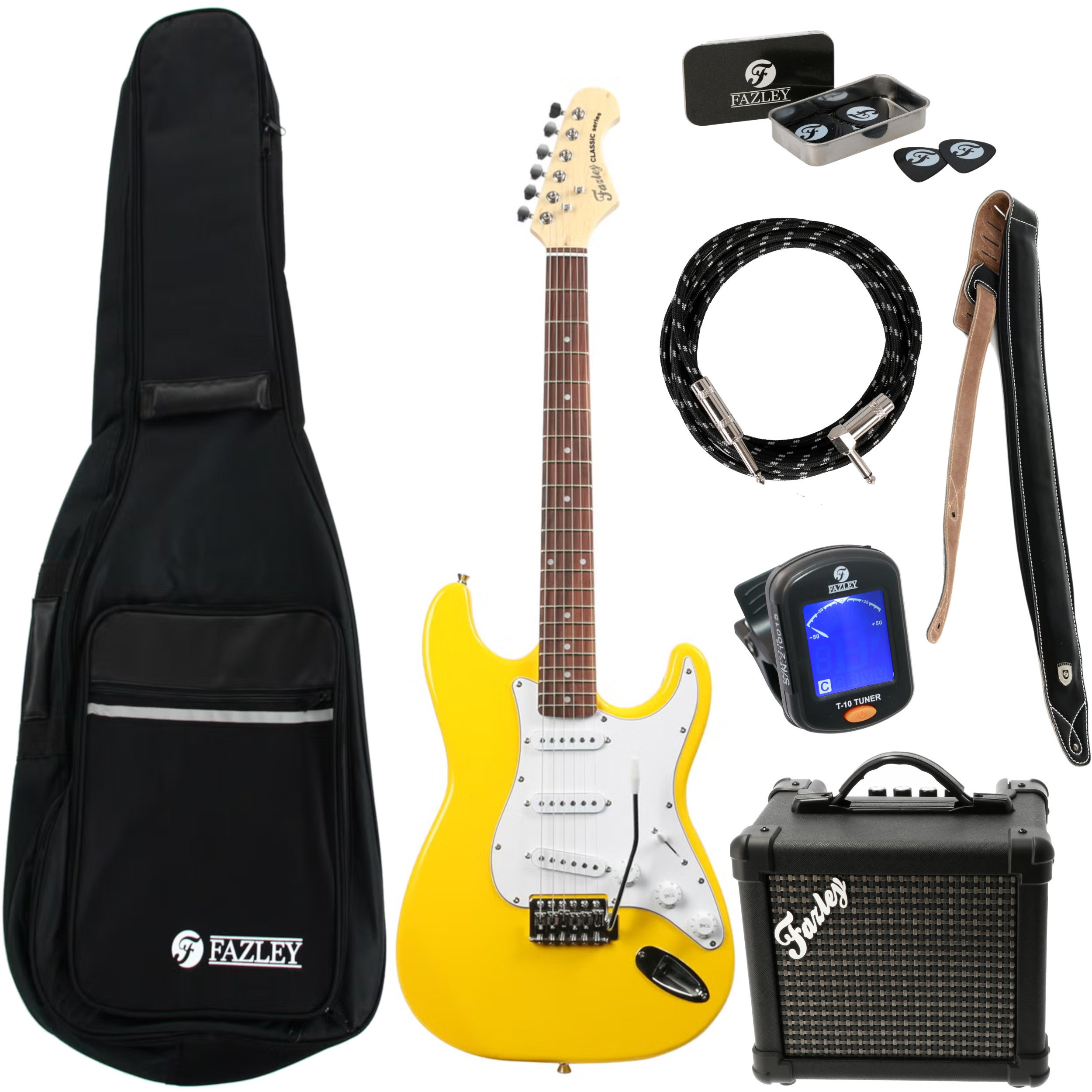 Gele gitaar met accessoires: tas, kabel, riem, versterker, tuner, plectrums.