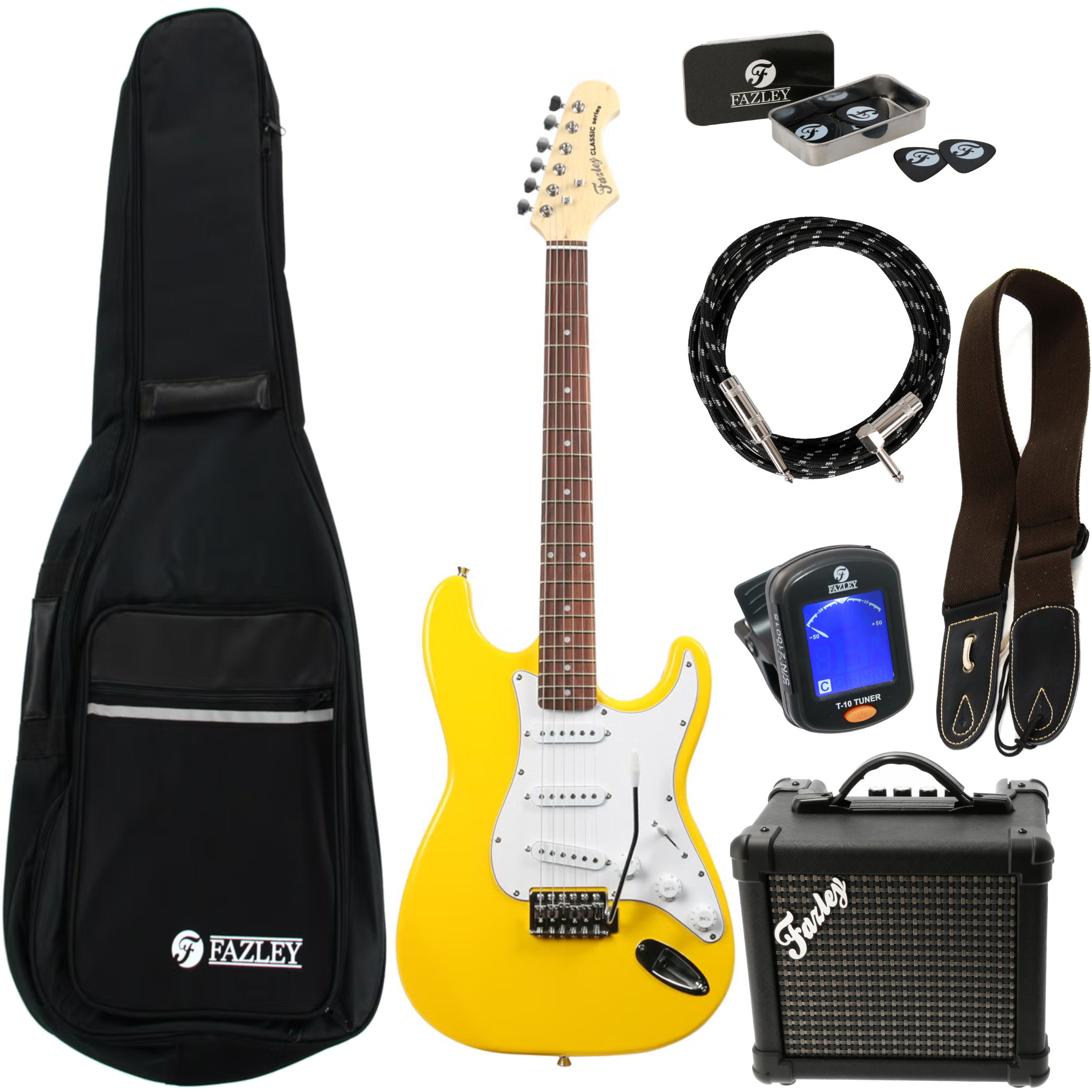 Gele elektrische gitaar met accessoires: tas, kabel, riem, tuner en versterker.