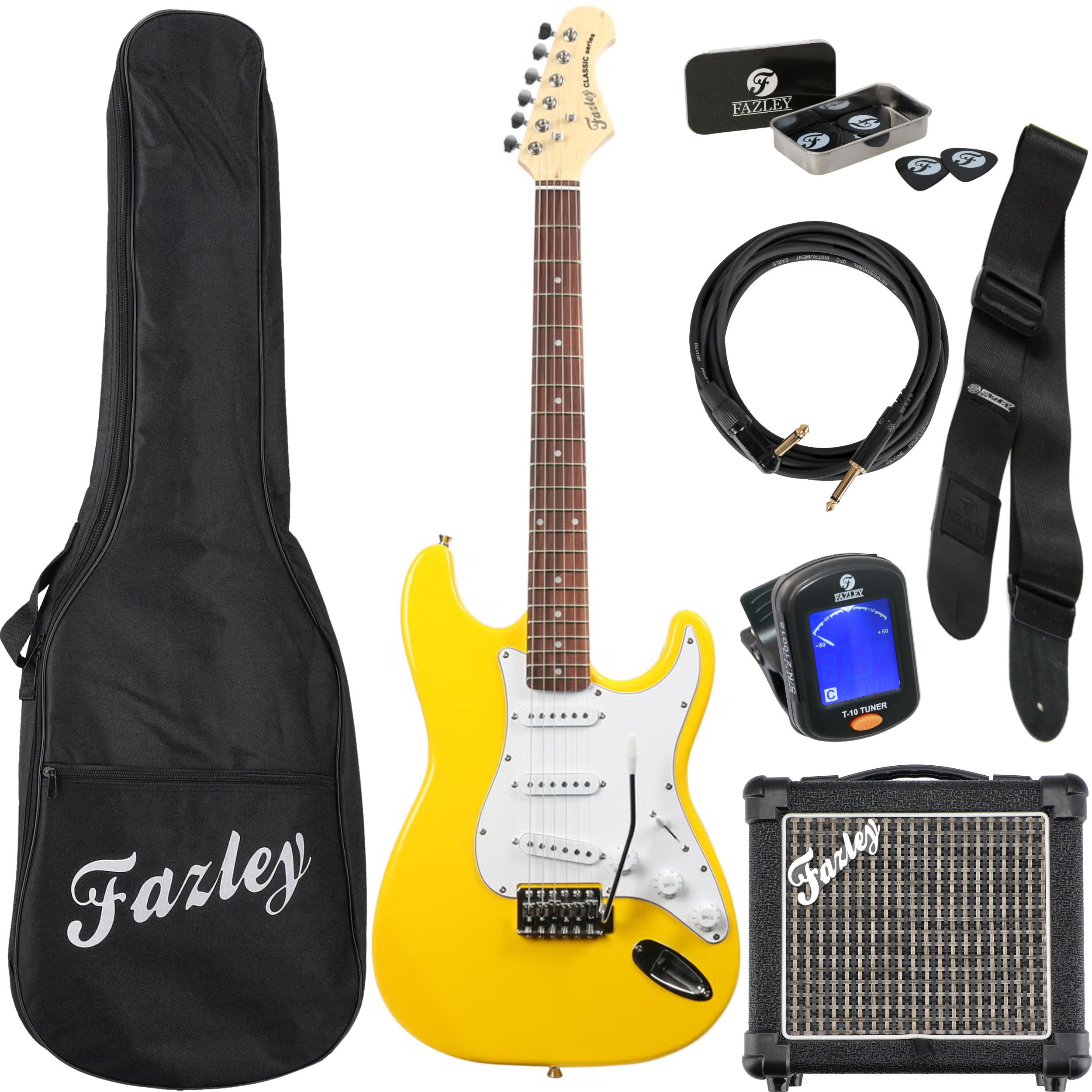 Gele elektrische gitaar met accessoires: koffer, versterker, tuner, riem, kabel, plectrums.