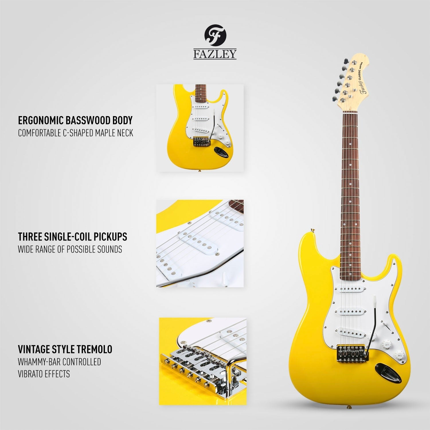 Een gele elektrische gitaar met drie close-up shots van body, pickups en tremolo.