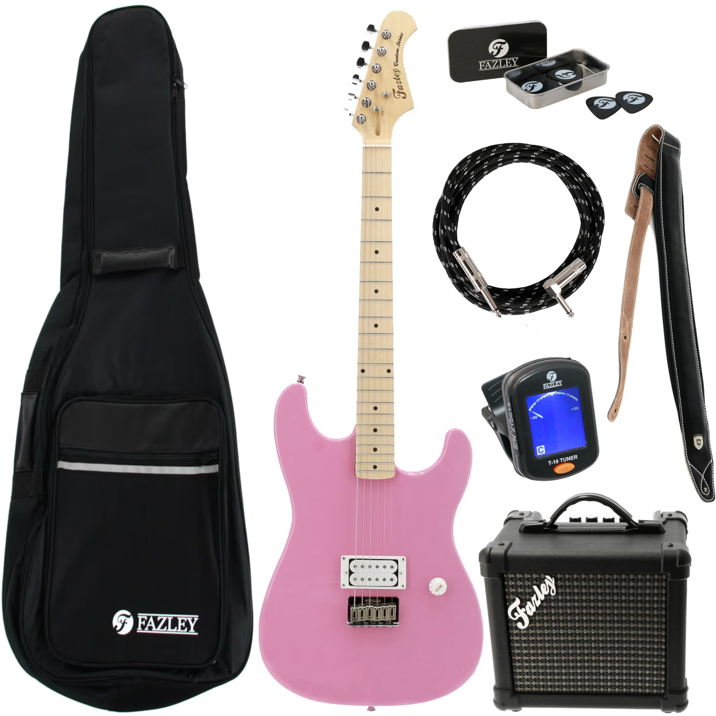 Een roze Fazley elektrische gitaar set met accessoires: tas, versterker, kabel, riem, tuner en plectrums.