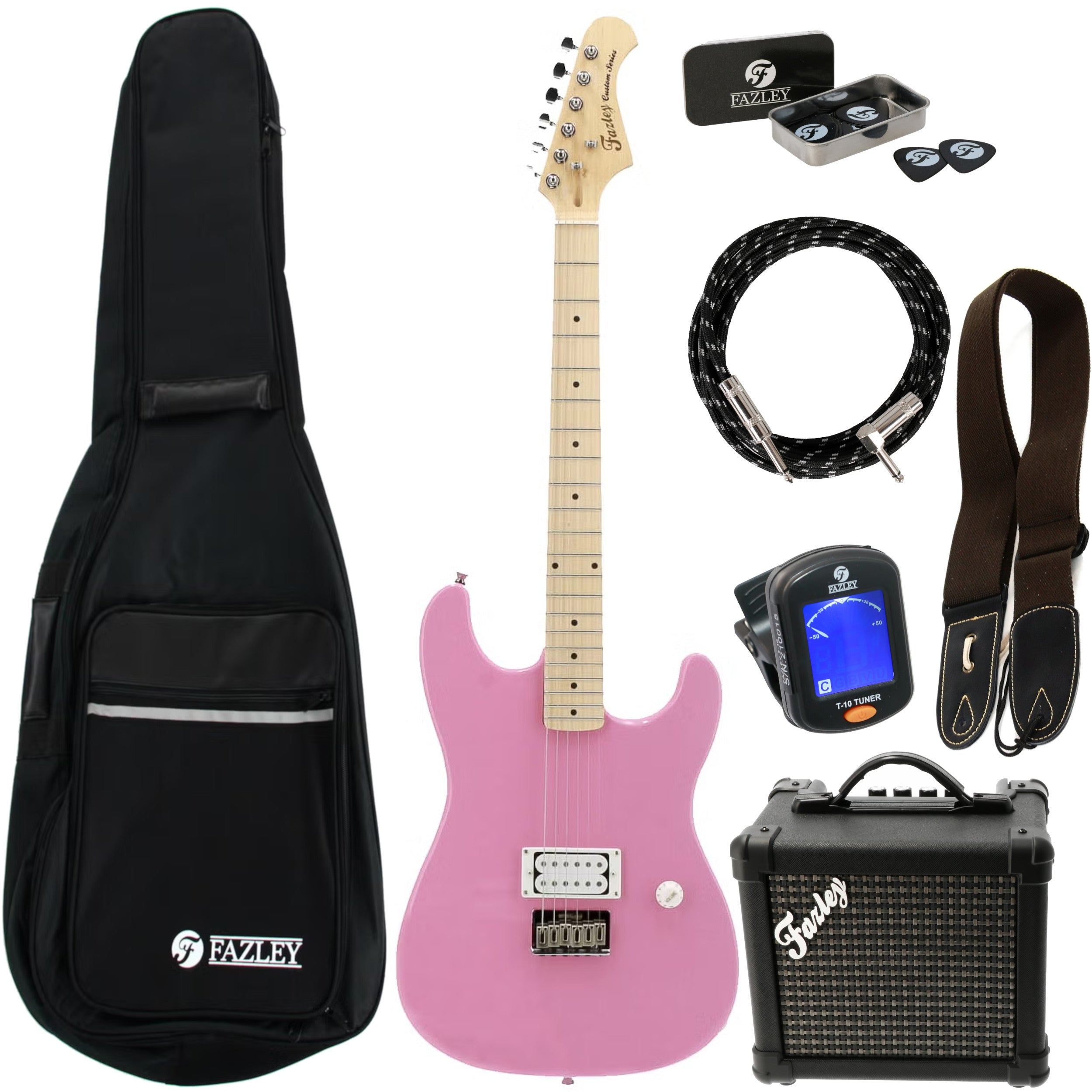 Een roze Fazley elektrische gitaar set met tas, versterker, kabel en accessoires.