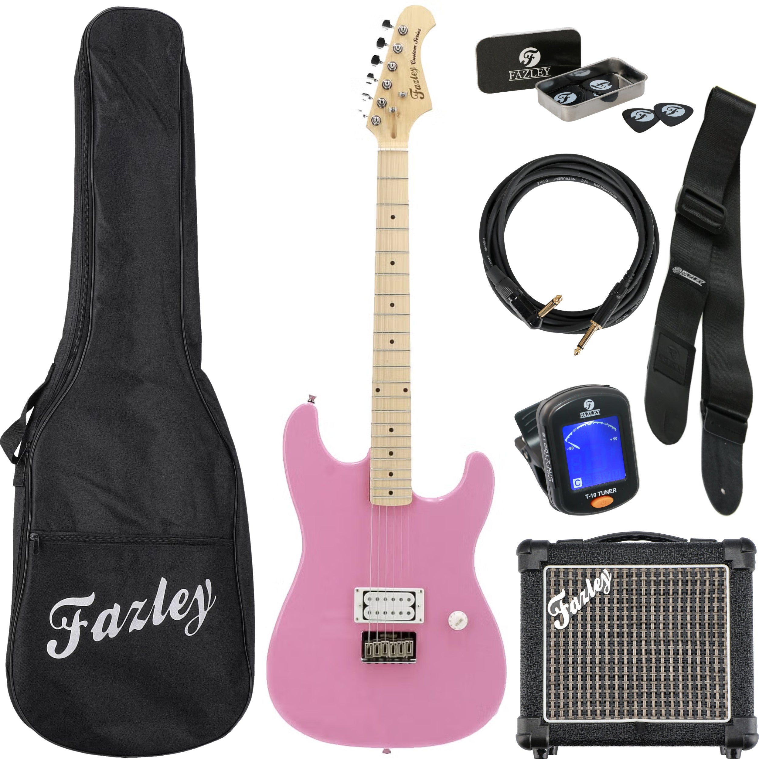 Een roze Fazley elektrische gitaarset met tas, versterker, kabel, plectrums en tuner.