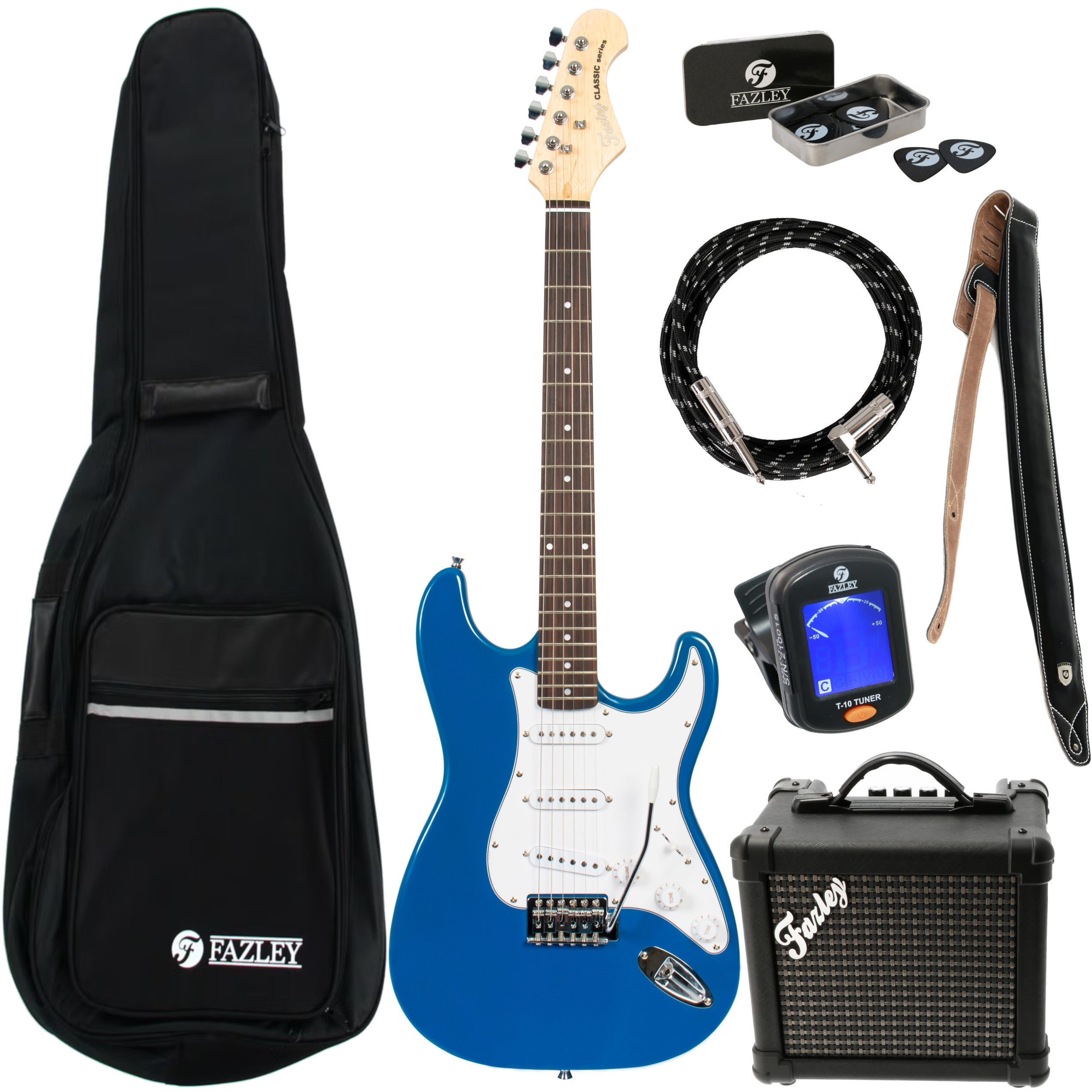 Een blauw startpakket voor elektrische gitaar met gigbag, versterker, kabel, riem en tuner.