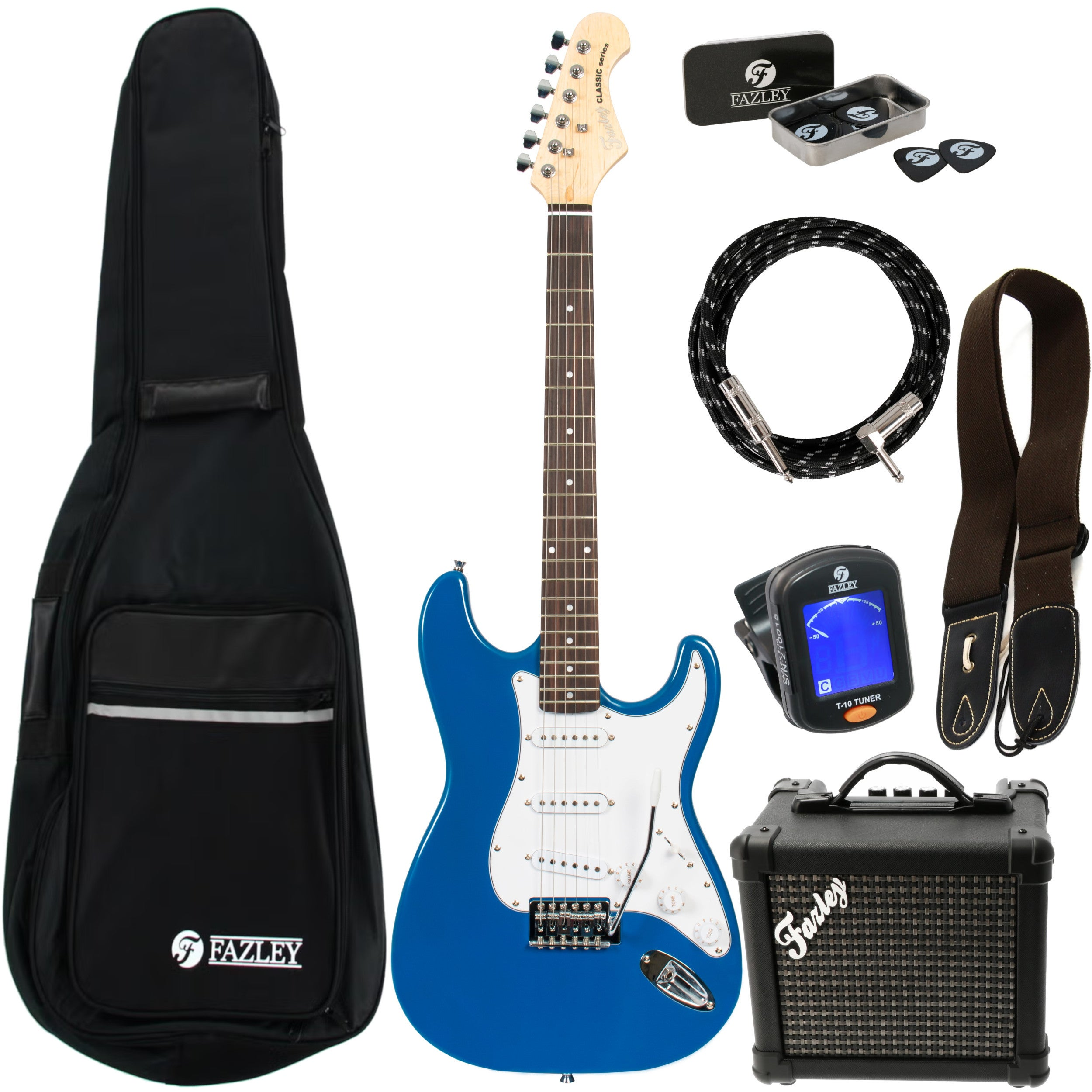 Een blauwe elektrische gitaarset met versterker, tas, riem, kabel, plectrums en tuner.