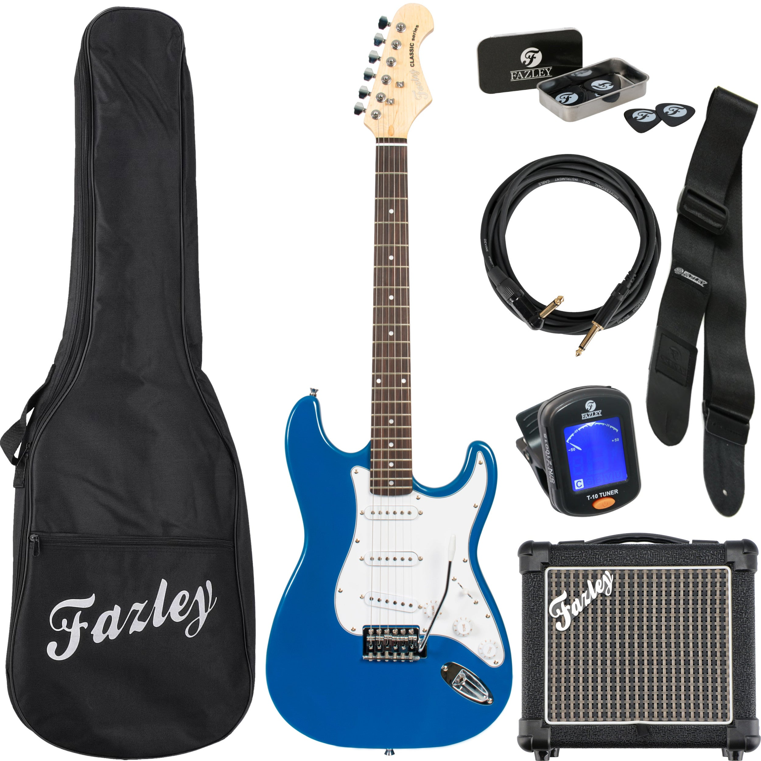 Een blauwe elektrische gitaar set met tas, versterker, kabel, tuner en plectrums.