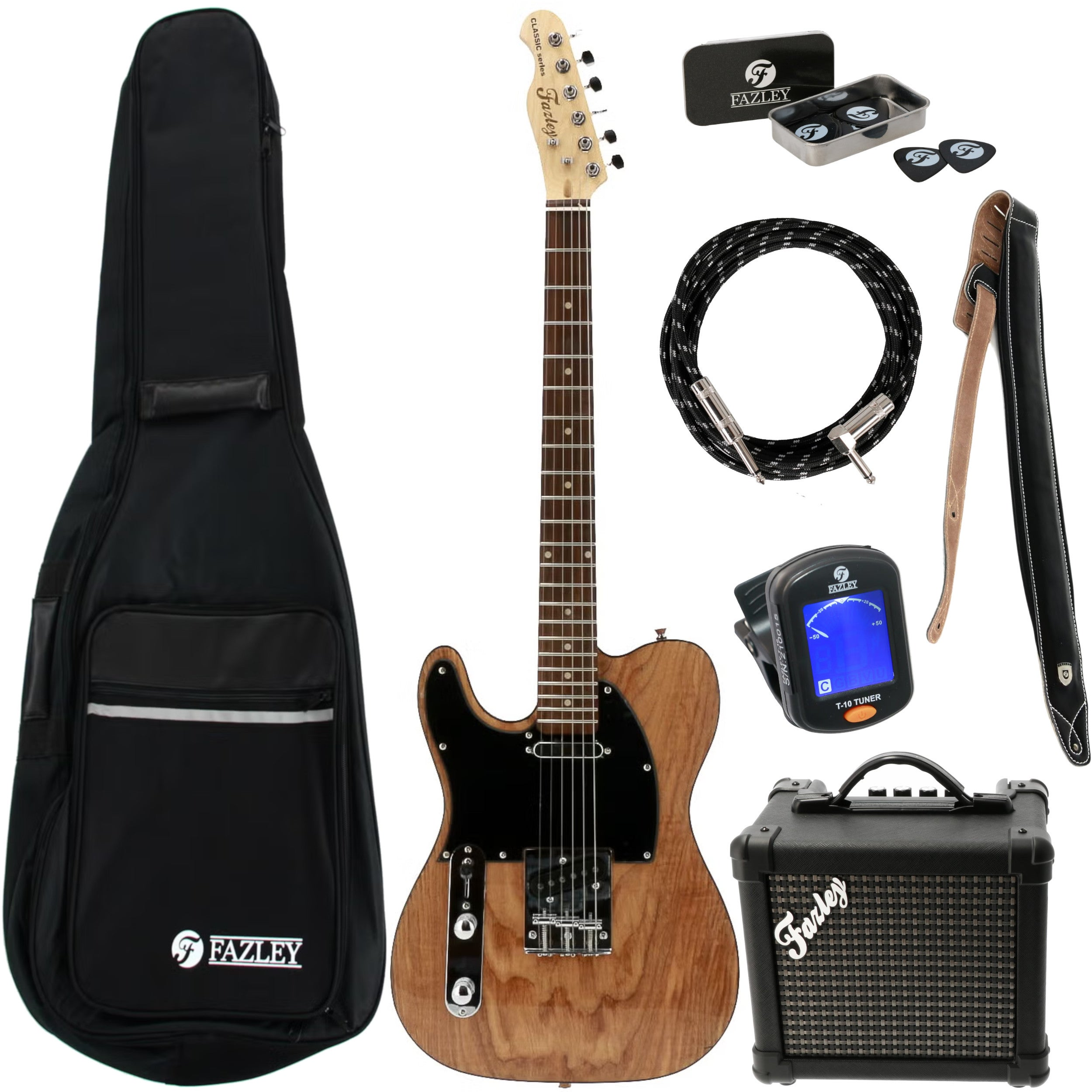 Een bruine elektrische gitaarset met gitaar, tas, versterker, kabel, riem en tuner.