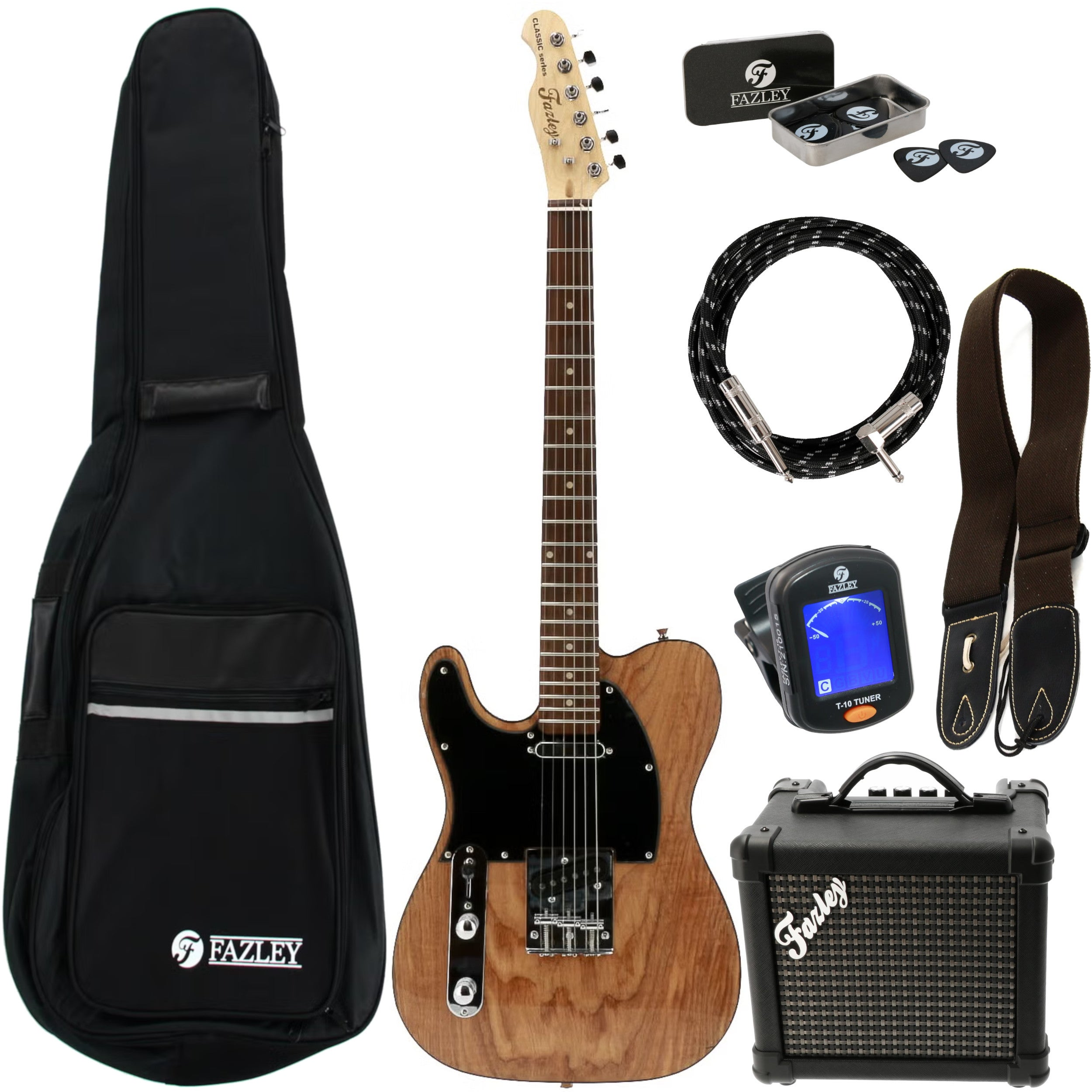Een Fazley elektrische gitaar met zwarte koffer, versterker, tuner, plectrums, band en kabel.