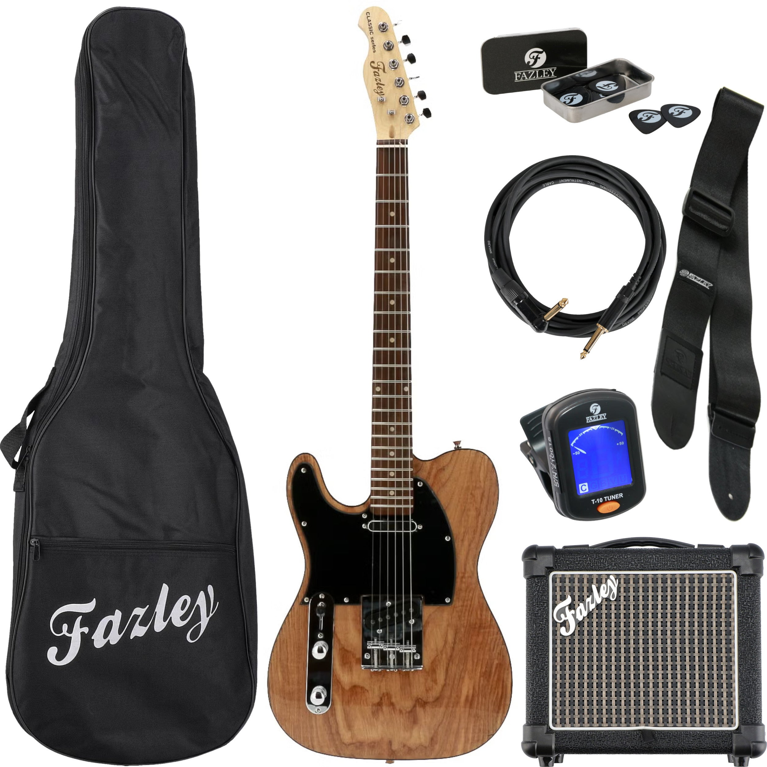 Een gitaarset met bruine elektrische gitaar, zwarte tas, versterker, kabel, riem en tuner.