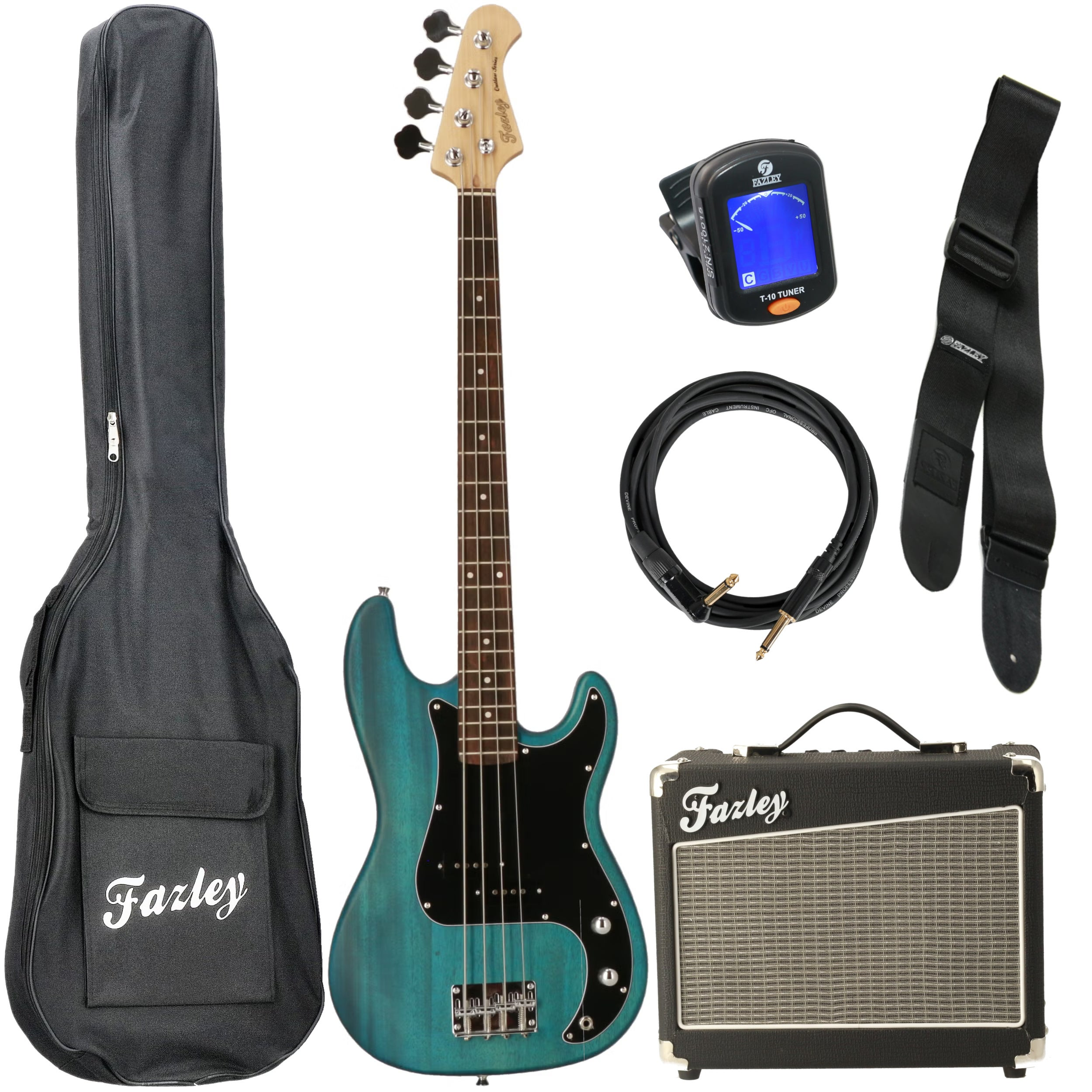 Een turquoise basgitaar, tas, versterker, kabel, riem en tuner.