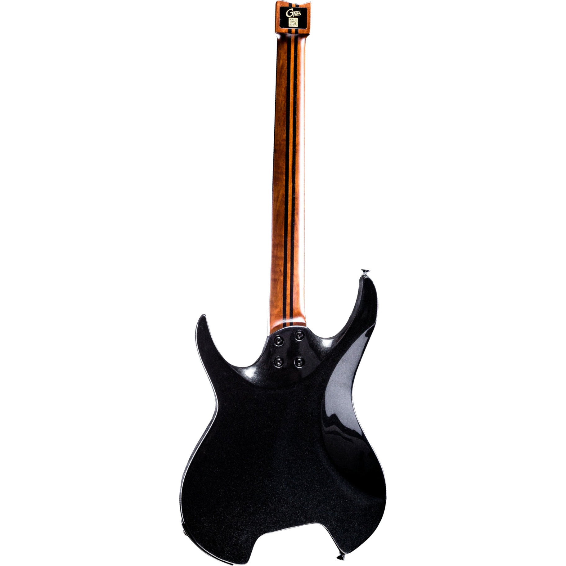 Boynu ahşap damarlı, gümüş detaylı siyah elektro gitar.