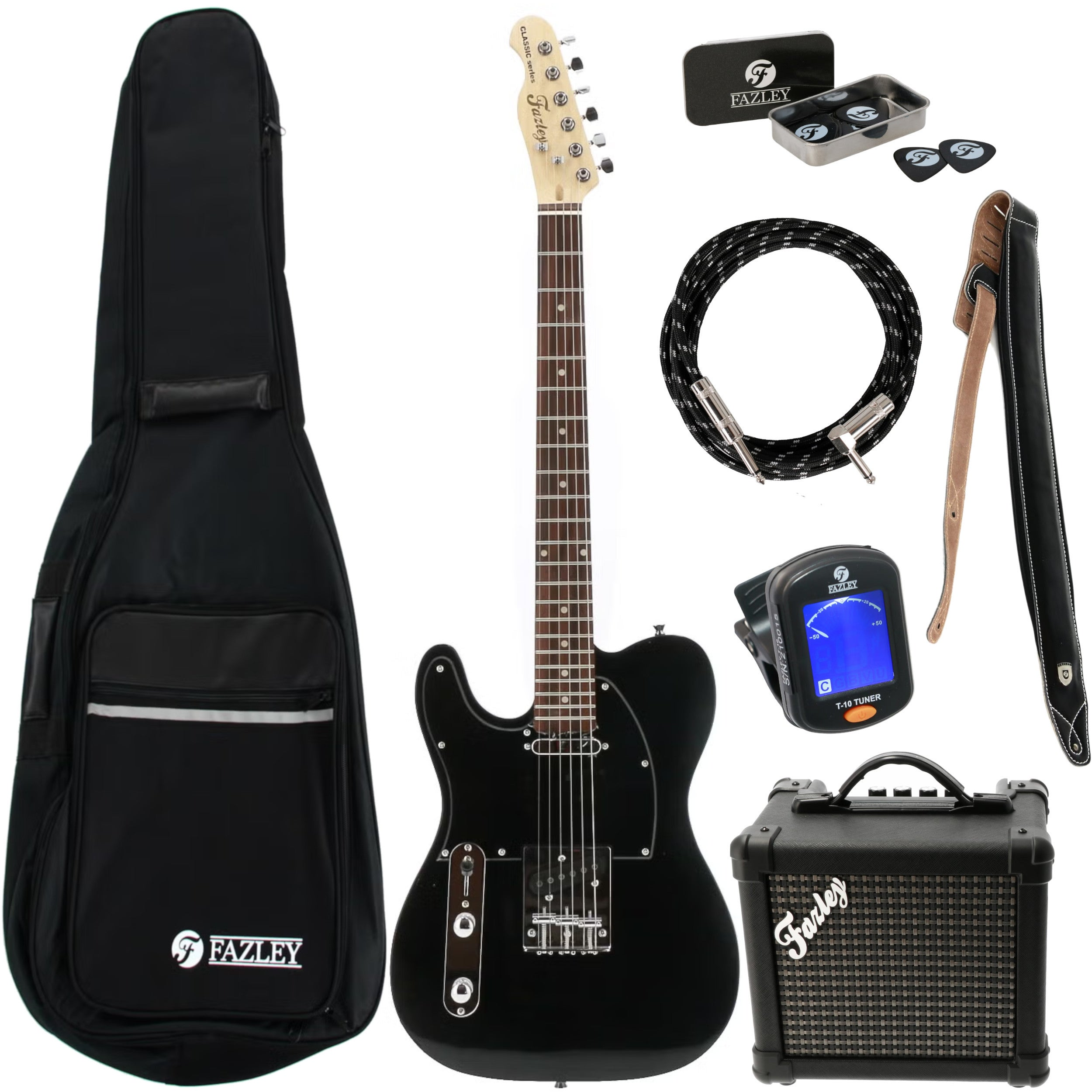 Zwarte elektrische gitaar met accessoires: tas, versterker, kabel, riem, plectrums, tuner.