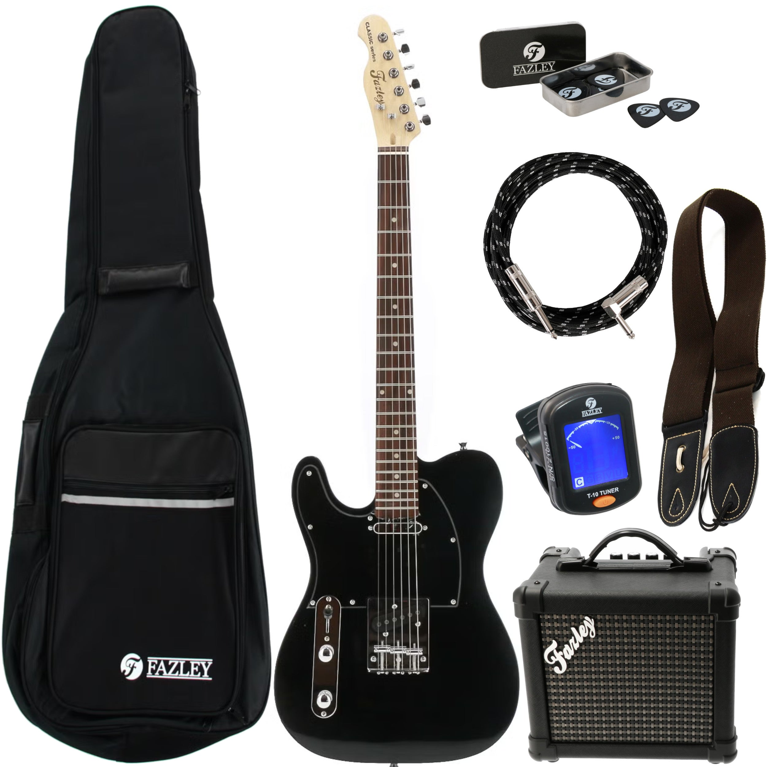 Zwarte elektrische gitaar met accessoires: tas, versterker, kabel, riem, plectrums en tuner.