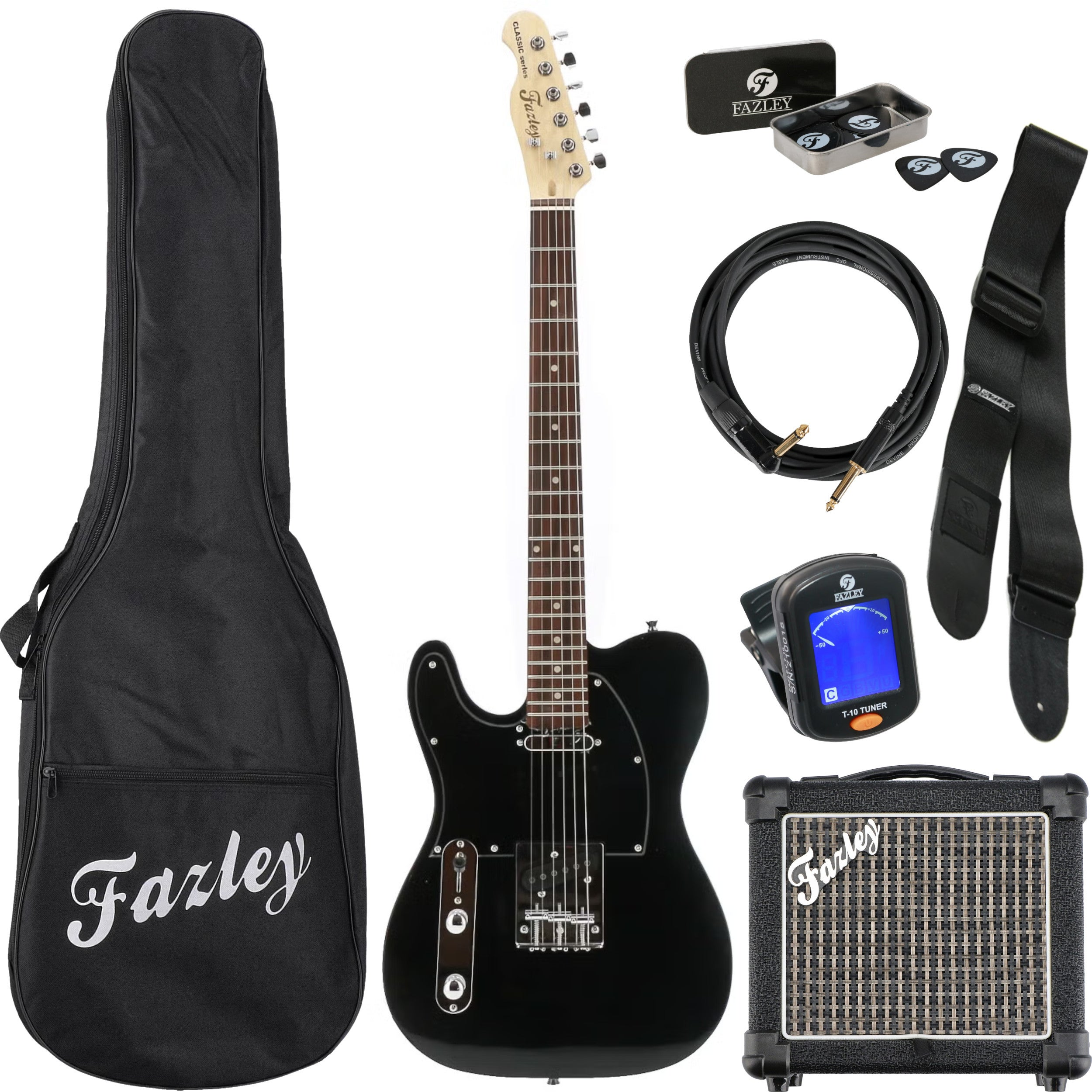 Zwarte elektrische gitaar met accessoires: koffer, versterker, tuner, kabel, plectrums.