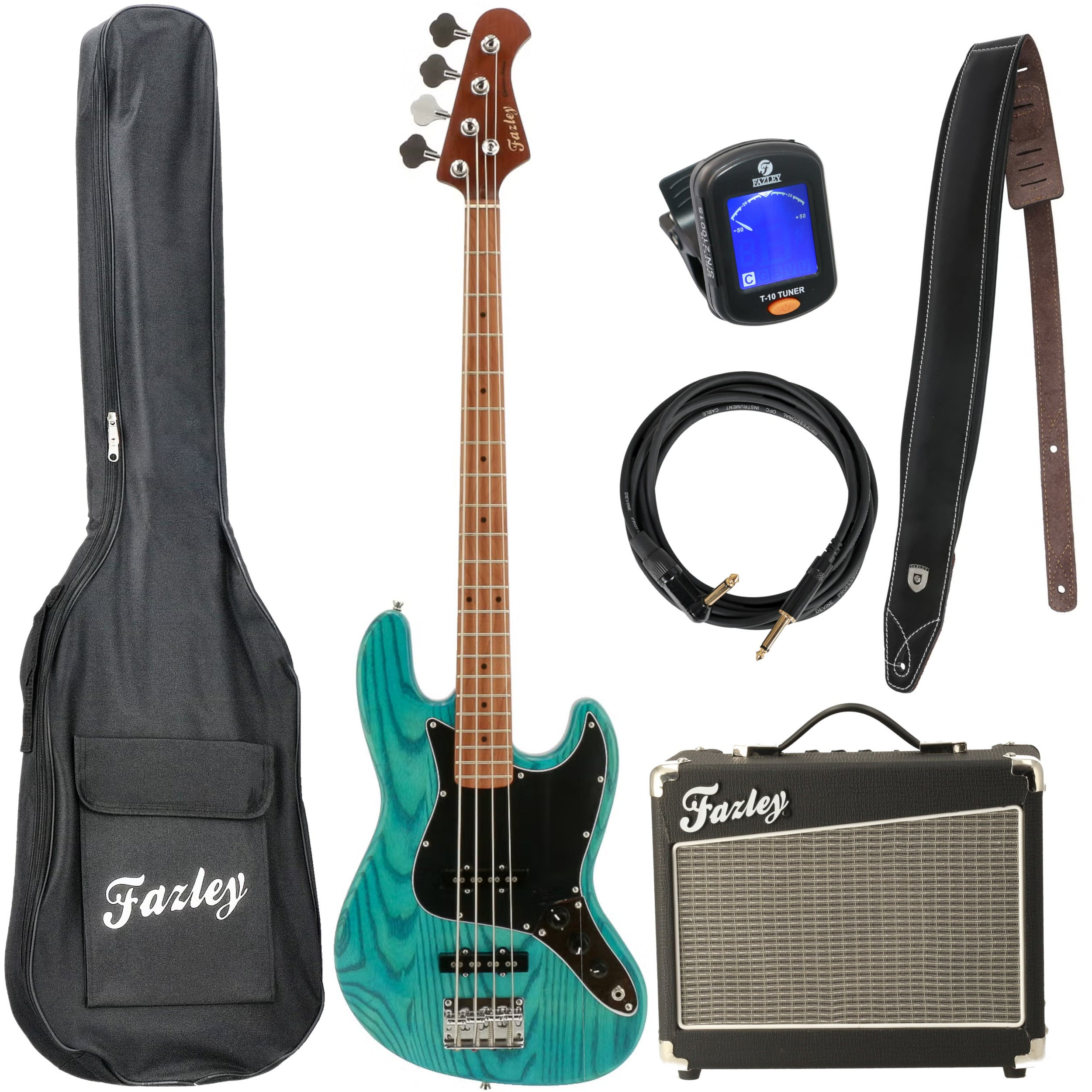 Turquoise basgitaar met accessoires: tas, kabel, riem, versterker en tuner.