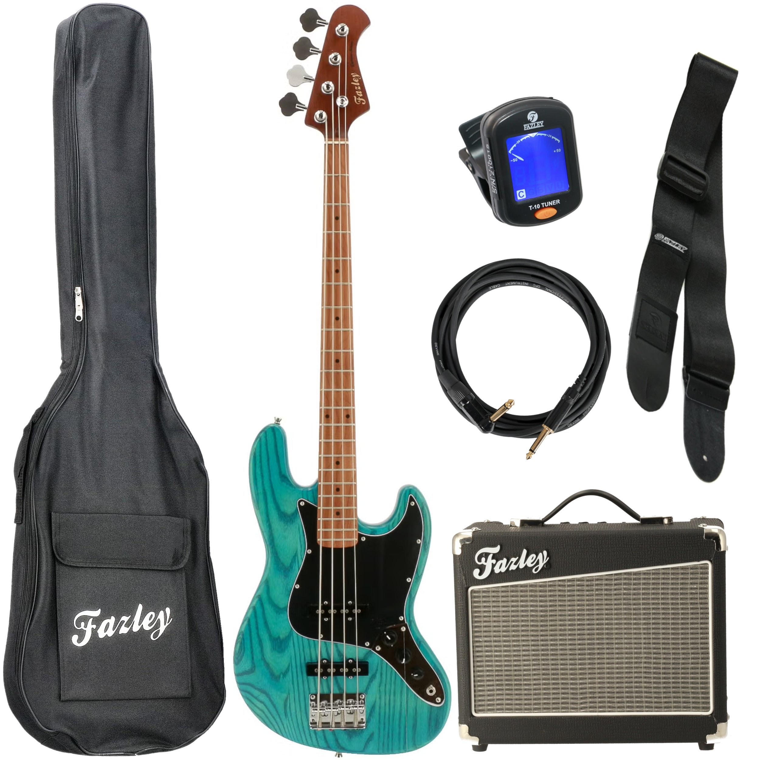 Een blauwe basgitaar met accessoires: tas, versterker, kabel, riem en tuner.